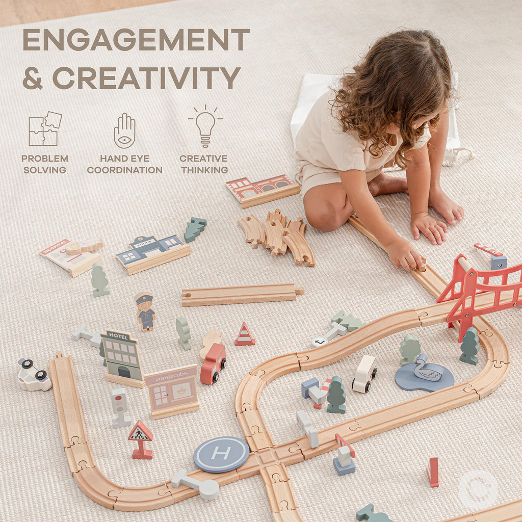Comfy Cubs 100-Piece Wooden Train Set for Toddlers Ages 1+, Fun & Eco Friendly Toddler Train Set with Wooden Toy Tracks - Creative Toy Town Promoting Imaginative Play with Flexible Configuration