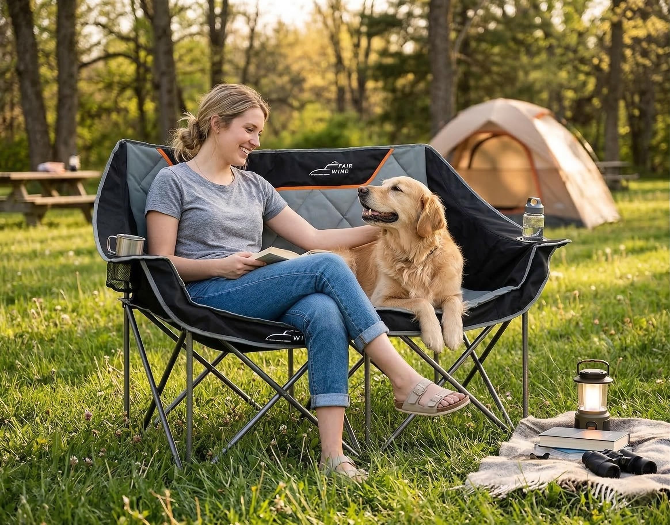 FAIR WIND Oversized Fully Padded Camping Chair Folding Loveseat Camping Couch Double Duo Chair Heavy Duty Quad Fold Arm Chair with Cup Hold - Supports 650 LBS Black
