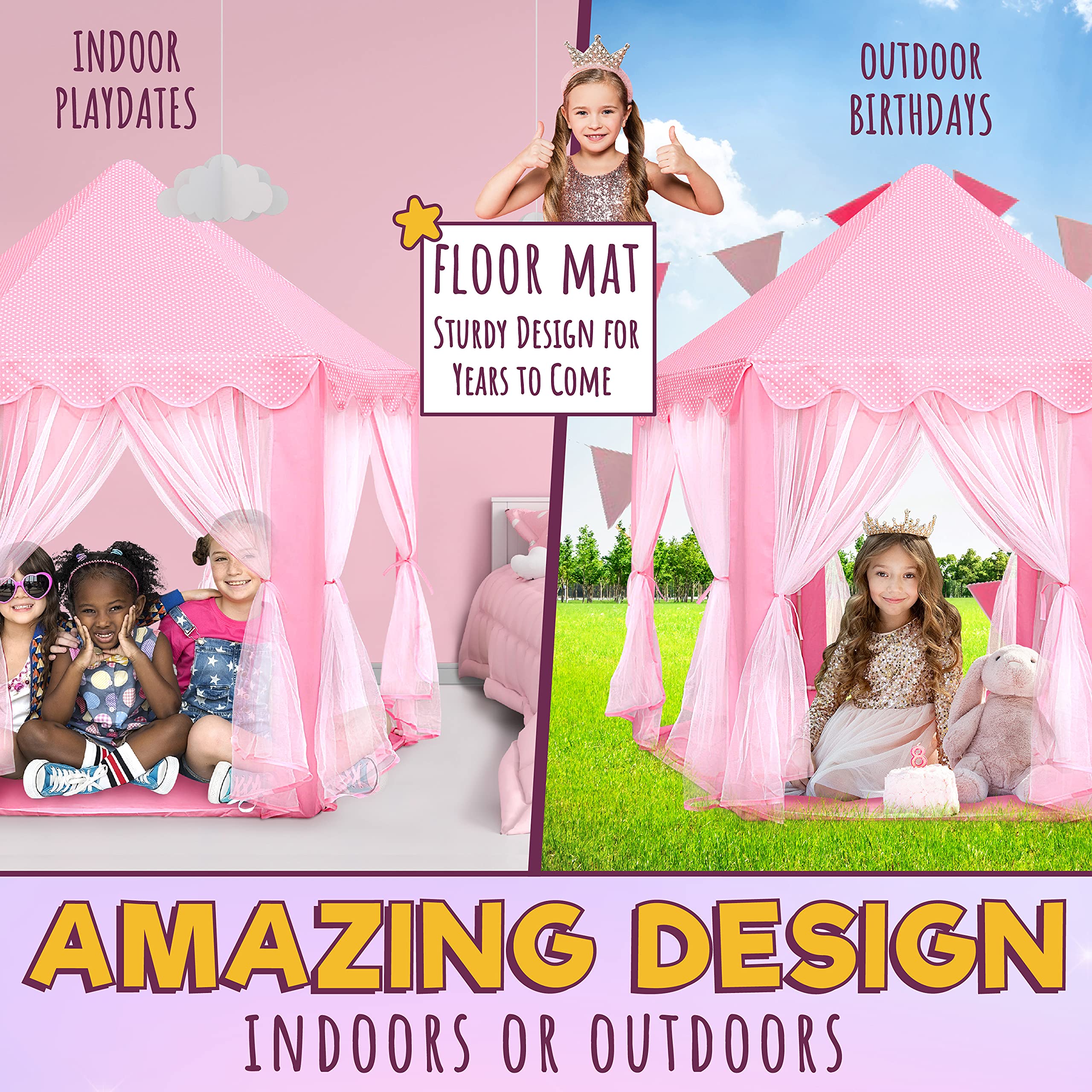 ORIAN Princess Castle Play Tent for Girls, LED Star Lights, Indoor & Outdoor Playhouse, Polyester, Pink, 55" x 53", Toddler & Kids Toys Ages 2–7