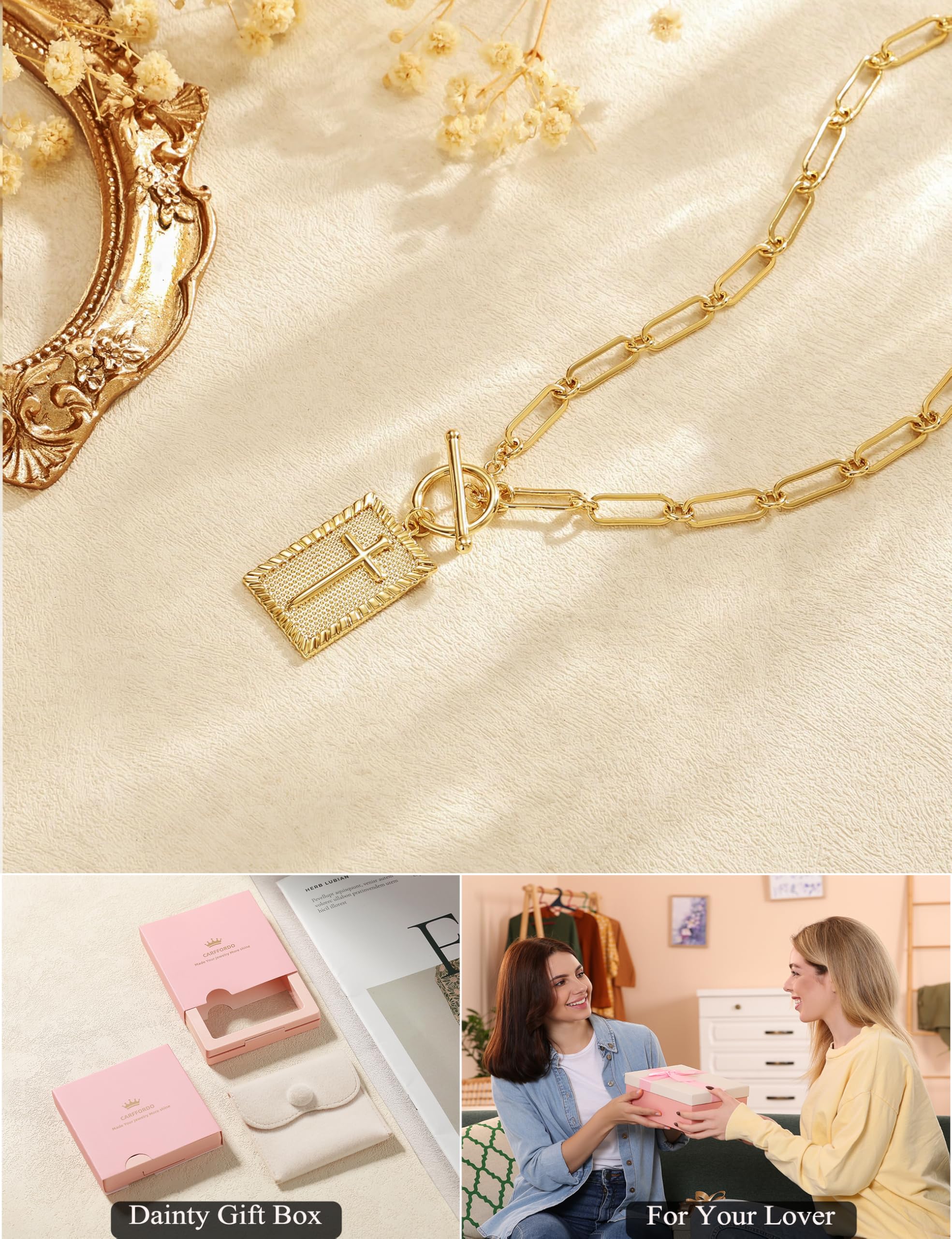 Carffordo Cross Necklace for Women - Dainty 14K Gold Plated Cross Pendant Necklaces Trendy Toggle Clasp Paperclip Chain Simple Religious Jewelry Christmas Gift