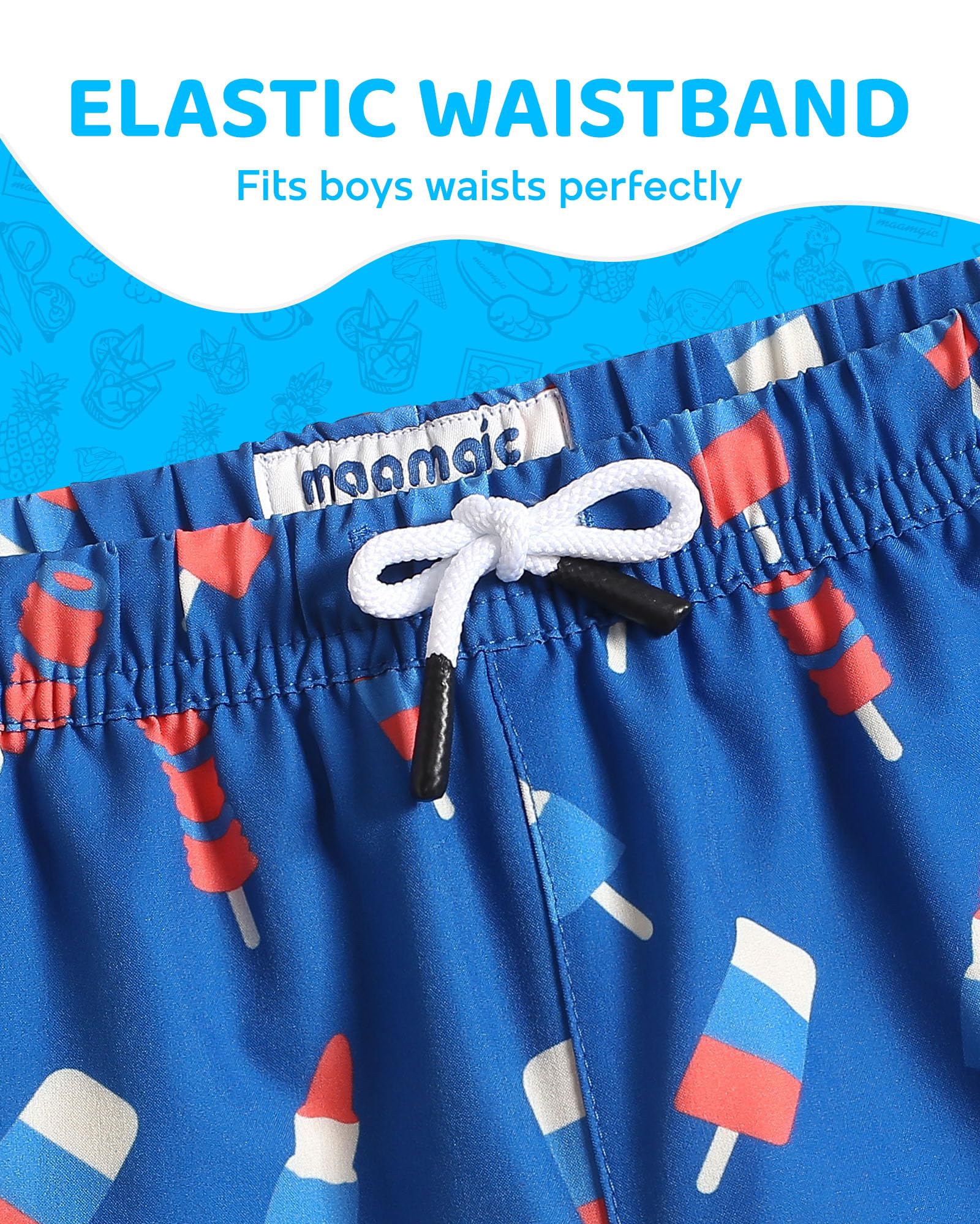 maamgic Boys Swim Trunks with Compression Liner Toddler Boy Swimsuit Quick Dry 4-Way Stretch Swimming Trunks Ice Cream Ocean Blue 5-6 Years