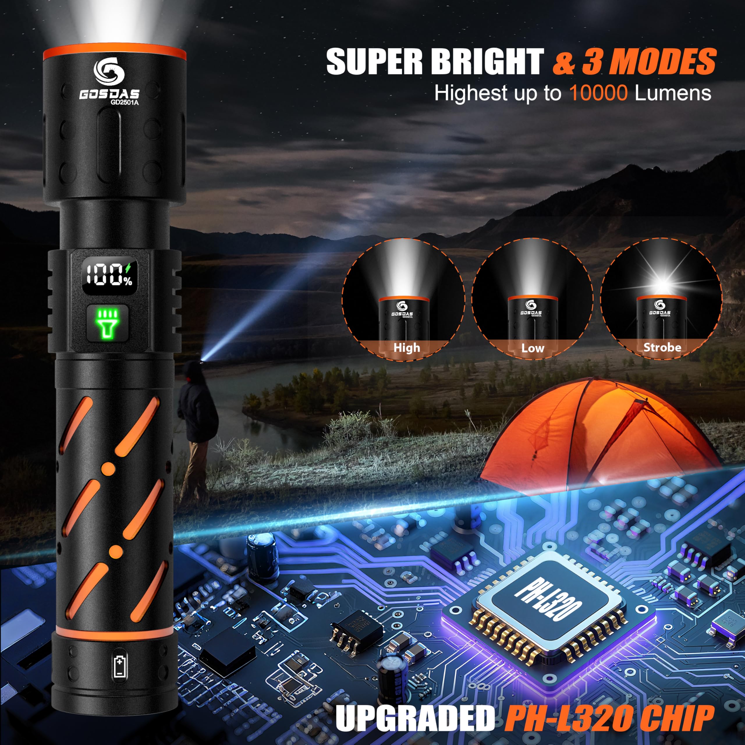 Gosdas Rechargeable Flashlights High Lumens 10000 2 Pack, Super Bright 30W LED, Long Lasting 12H, Single Click 3 Modes, Multifunctional USB C Input Output LCD Power Display, for Camping Hiking Home