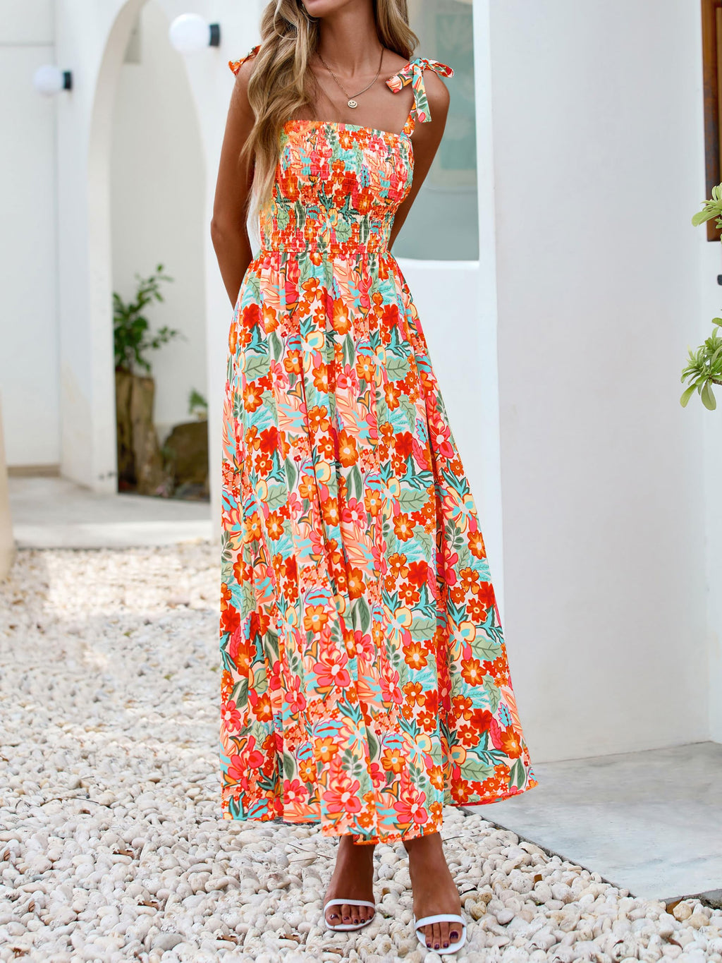 PRETTYGARDEN Womens Summer Dresses Floral Sleeveless Smocked Maxi Dress Boho Spaghetti Strap A Line Flowy Beach Long Sundress(Light Apricot Orange Flower,X-Large)