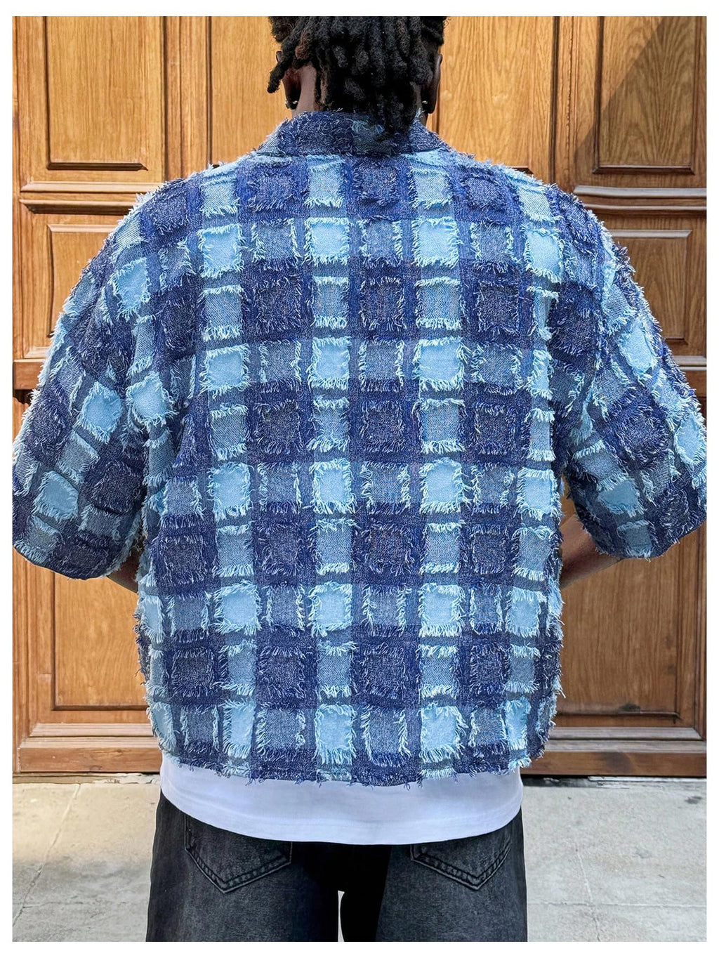 BEAUDRM Men's Cropped Button Down Shirt Y2k Gingham Short Sleeve Top Boxy Tee Shirts Summer Vocation Outfits Streetwear Blue Small