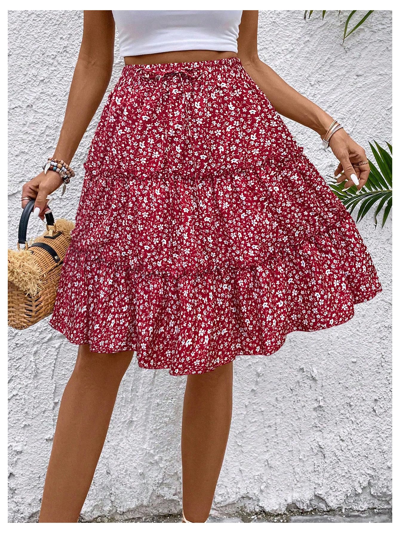 WDIRARA Women's Floral Print Ruffle Hem Elastic High Waist Tie Front Skirt Boho Red Large
