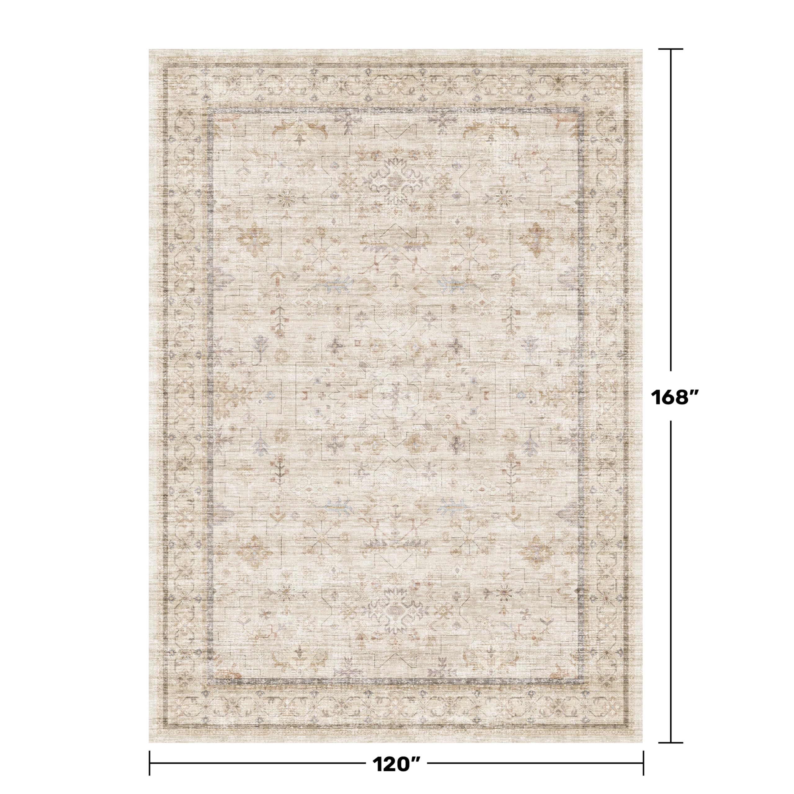 Washable Floral 10x14 Big Living Room Rug, Stain Resistant Foldable Area Rug for Bedroom, Large Dining Room, Farmhouse Neutral Light Beige Décor Indoor, Low Pile Soft Vintage Floor Carpet