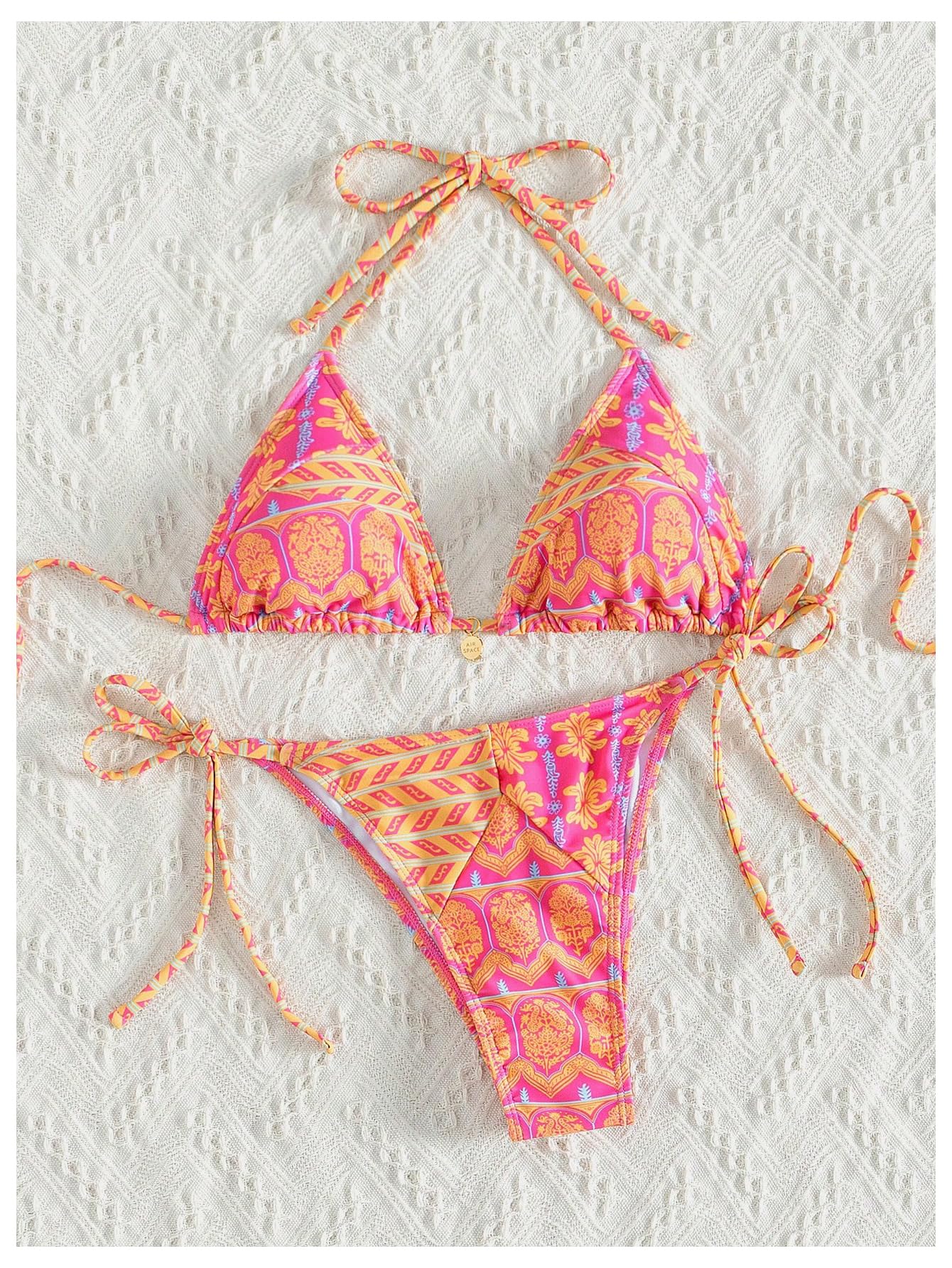 WDIRARA Women's 2 Piece Floral Print Swimsuits Geometric Halter String Triangle Bikini Set Beach Bathing Suit Pink Yellow Multi Medium