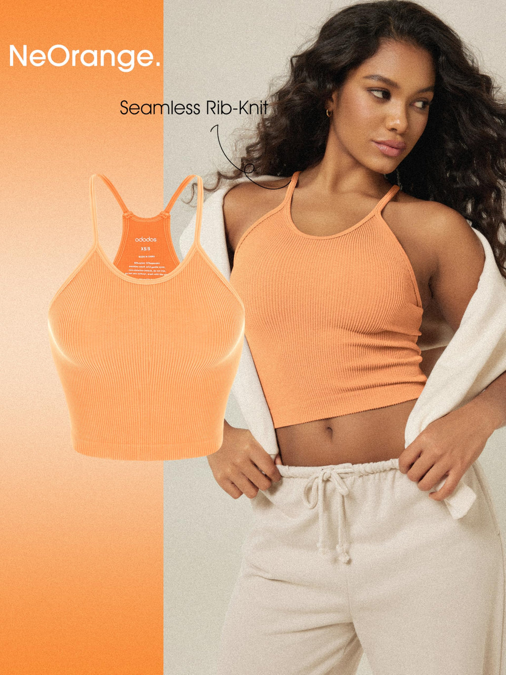 ODODOS Women's Crop 3-Pack Seamless Rib-Knit Camisole Crop Tank Tops, Long Crop, Neon Pink Green Orange, Medium/Large