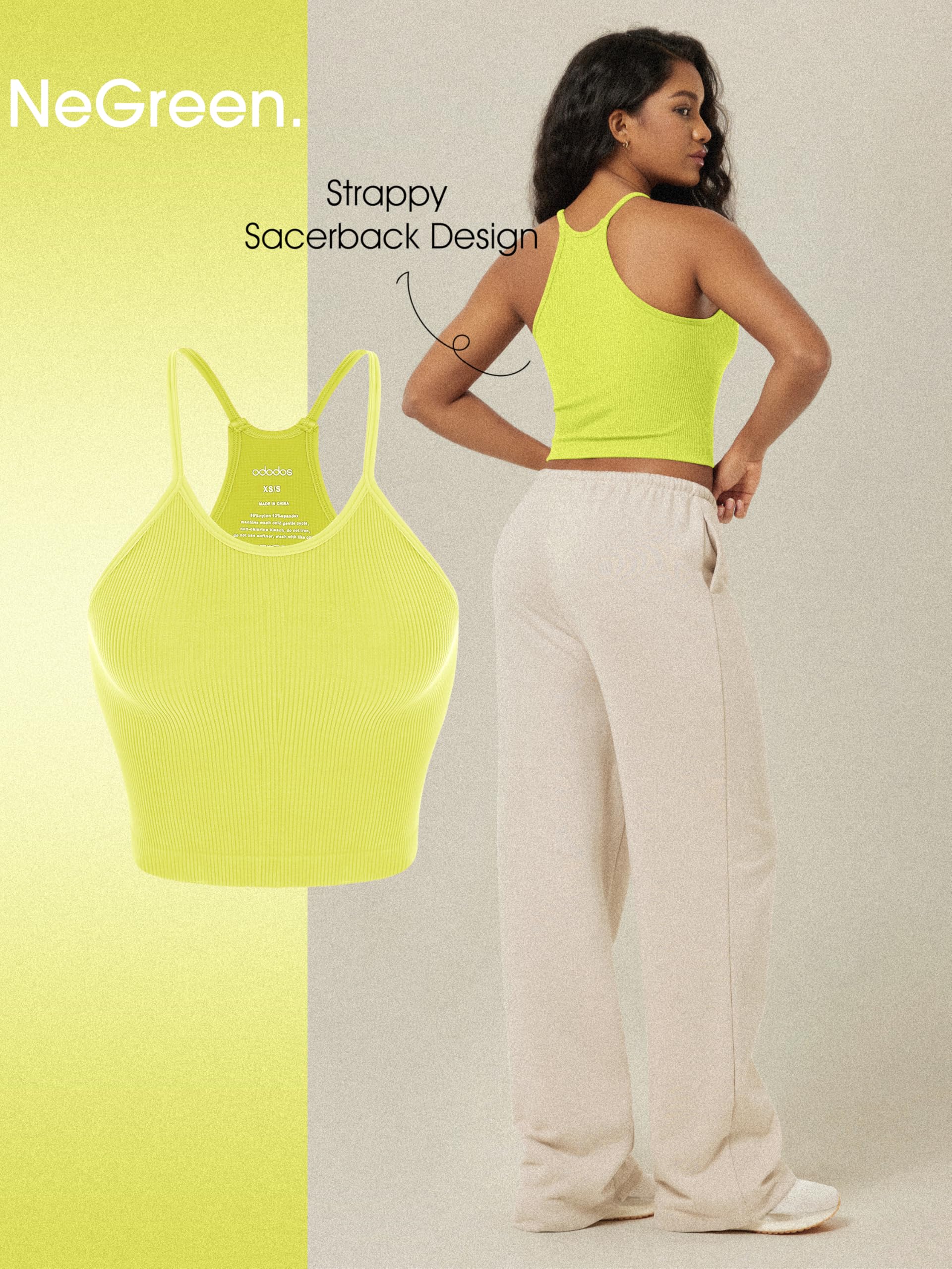 ODODOS Women's Crop 3-Pack Seamless Rib-Knit Camisole Crop Tank Tops, Long Crop, Neon Pink Green Orange, Medium/Large