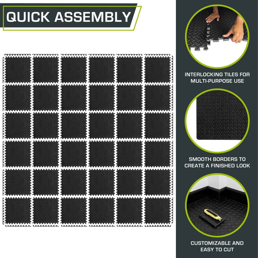 ProsourceFit Puzzle Exercise Mat ½ in, EVA Interlocking Foam Floor Tiles for Home Gym, Water-Resistant Mats Workout Equipment, Floor Padding for Kids, Black, 24 in x 24 in x ½ in, 144 Sq Ft - 36 Tiles