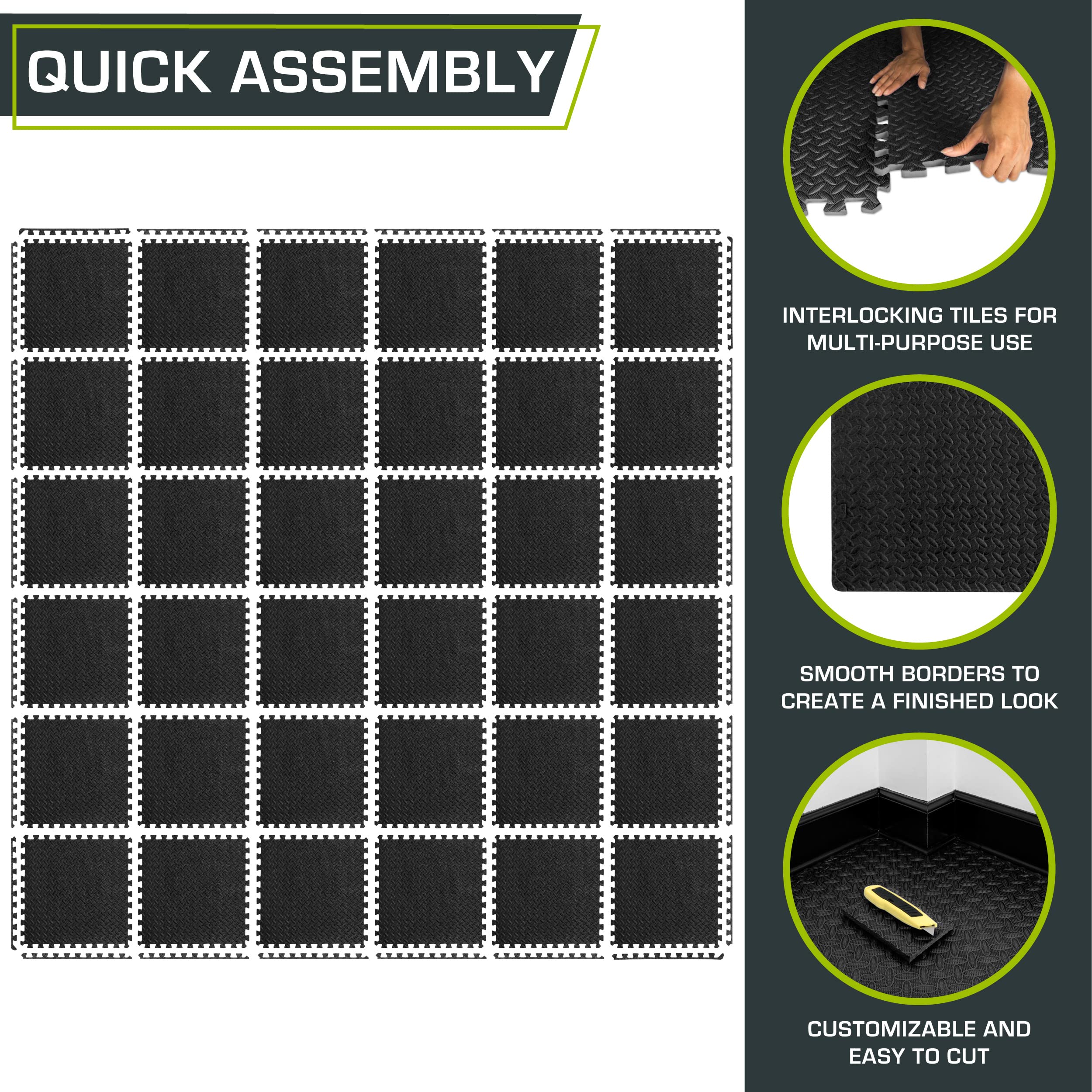 ProsourceFit Puzzle Exercise Mat ½ in, EVA Interlocking Foam Floor Tiles for Home Gym, Water-Resistant Mats Workout Equipment, Floor Padding for Kids, Black, 24 in x 24 in x ½ in, 144 Sq Ft - 36 Tiles