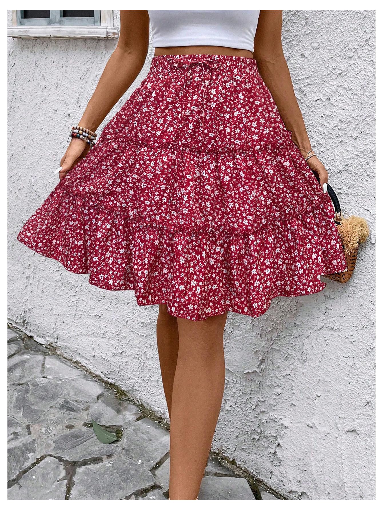 WDIRARA Women's Floral Print Ruffle Hem Elastic High Waist Tie Front Skirt Boho Red Large