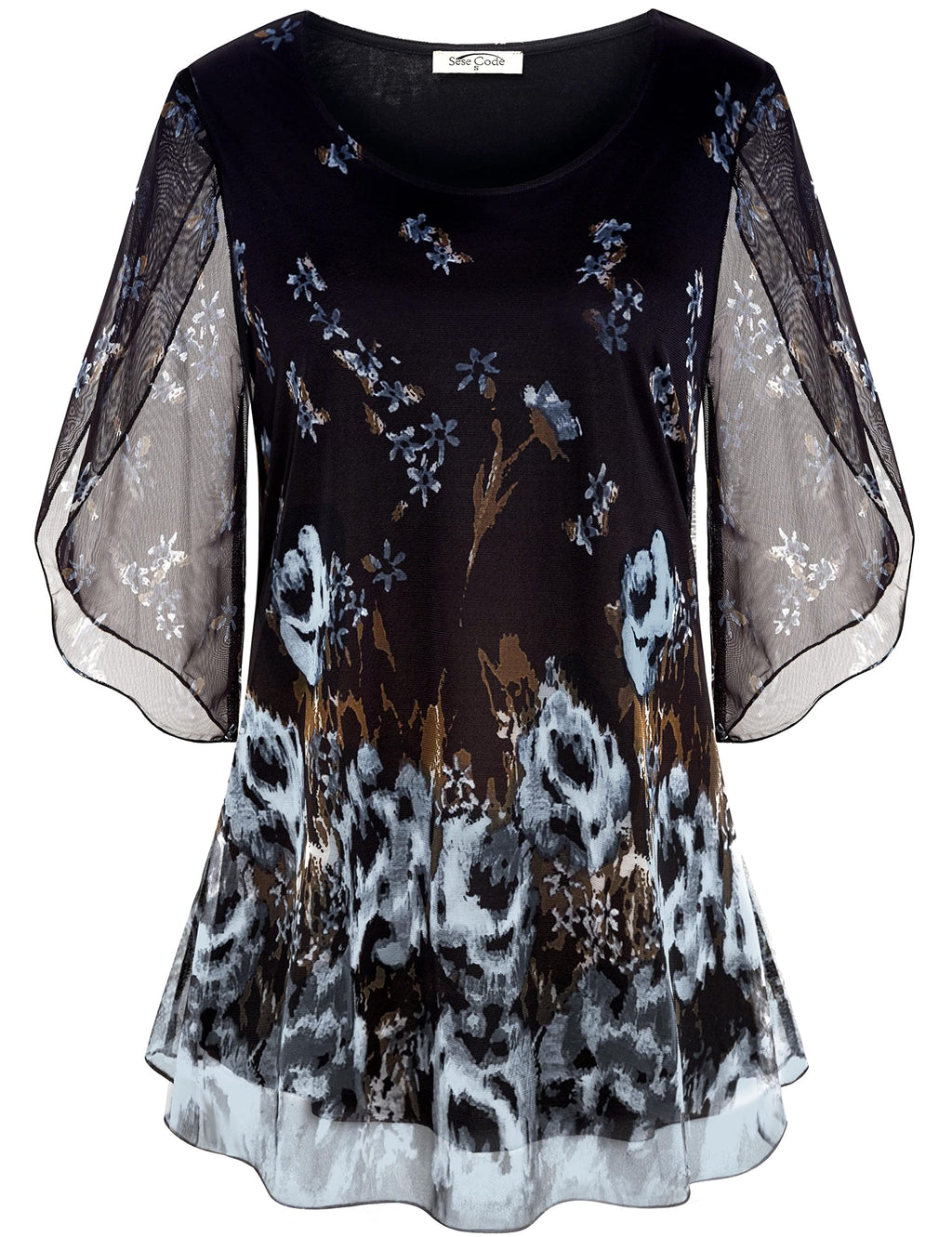 SeSe Code Flutter Sleeve Tops for Women Dressy Blouses for Women Business Casual Elegant Chiffon Tops Mesh Shirts Sheer Floral Blouses Summer Clothes Multi Black L