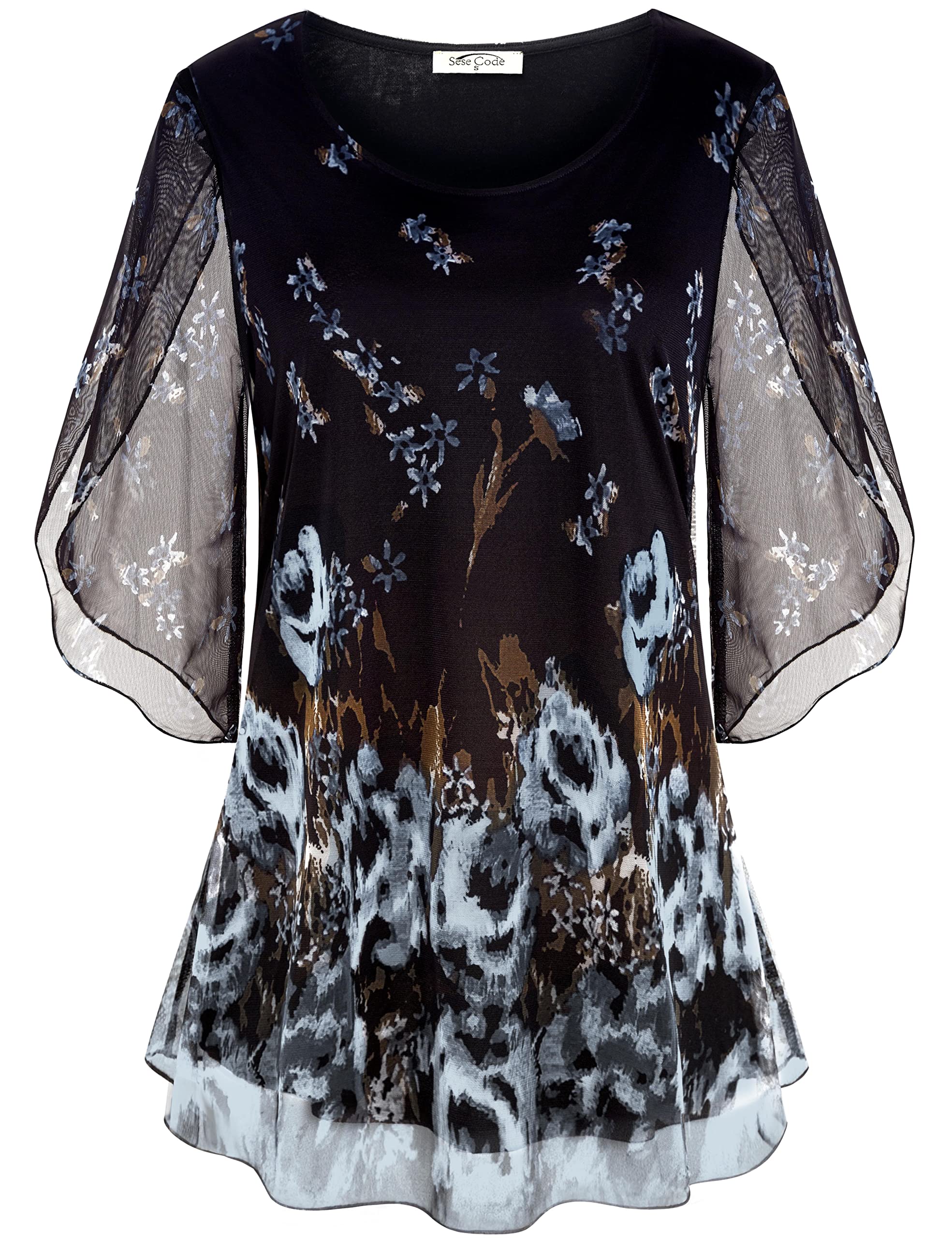 SeSe Code Flutter Sleeve Tops for Women Dressy Blouses for Women Business Casual Elegant Chiffon Tops Mesh Shirts Sheer Floral Blouses Summer Clothes Multi Black L