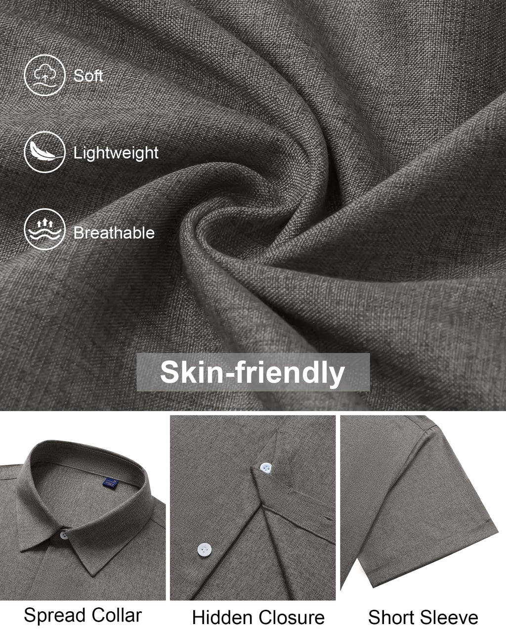 Alimens & Gentle Mens Linen Shirt Gray Short Sleeve Button Down Casual Lightweight Vacation Resort Workwear XXXXL