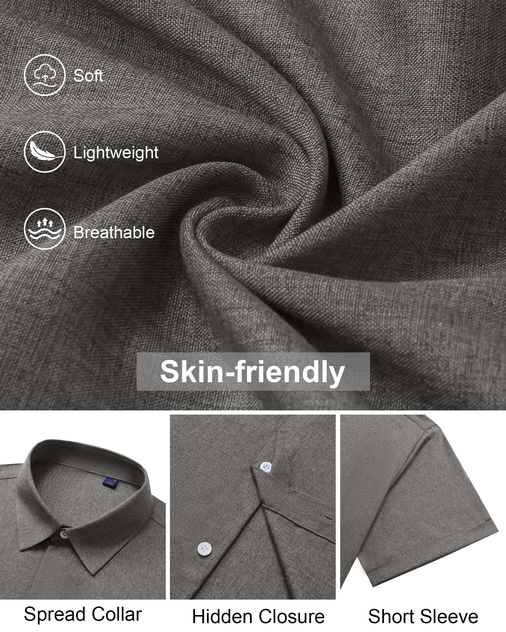 Alimens & Gentle Mens Linen Shirt Gray Short Sleeve Button Down Casual Lightweight Vacation Resort Workwear XXXXL