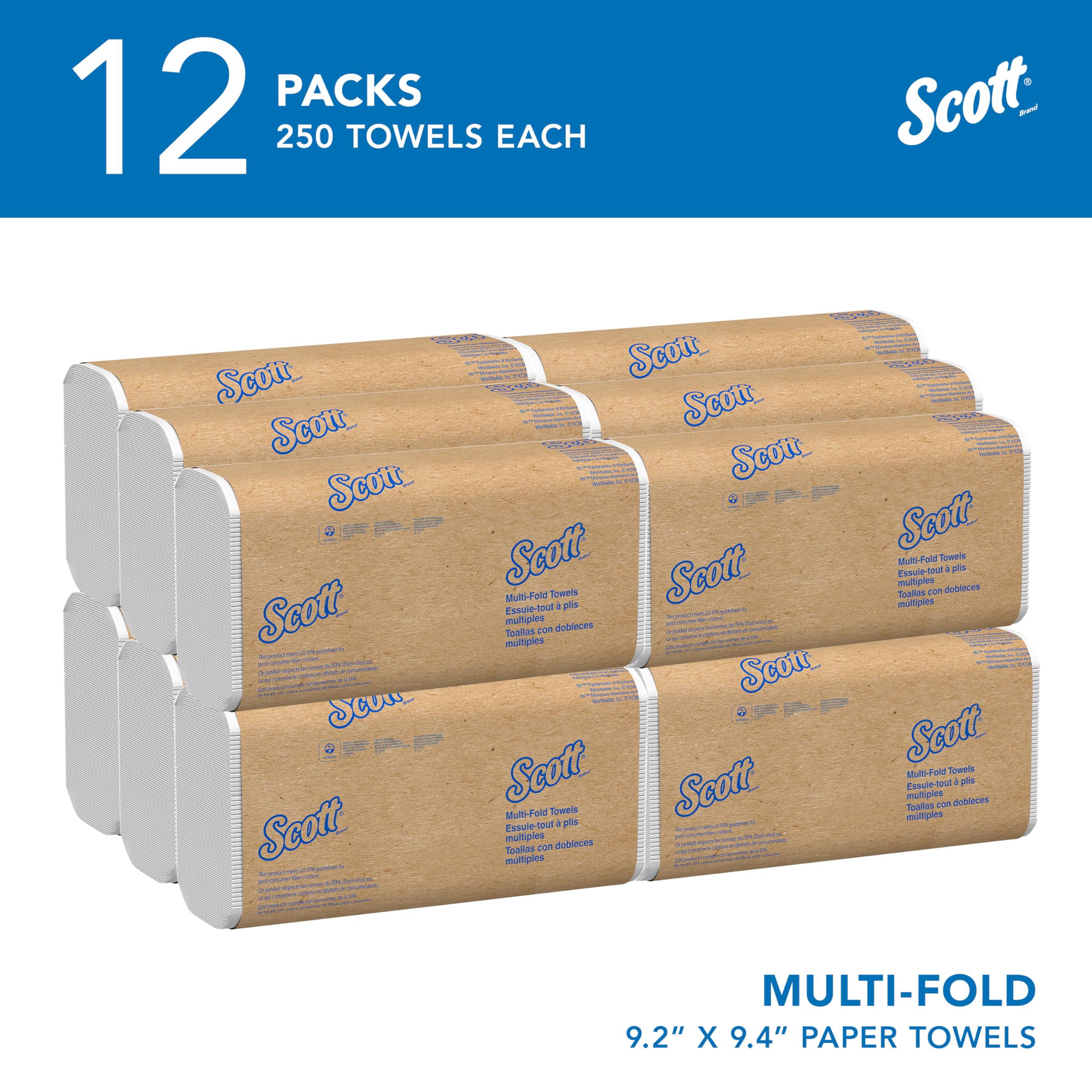 Scott Professional Universal Multifold Paper Towels, Bulk (58091), Absorbency Pockets, White, 9.2"x9.4" Towel, White, Compressed, Compact (250 Sheets/Pack, 12 Packs/Case, 3,000 Sheet Total)