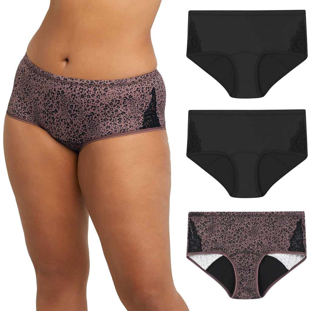 Maidenform Women's Moderate Protection Hipster Period Panties, Built-In Liner, Odor Guard, 3-Pack