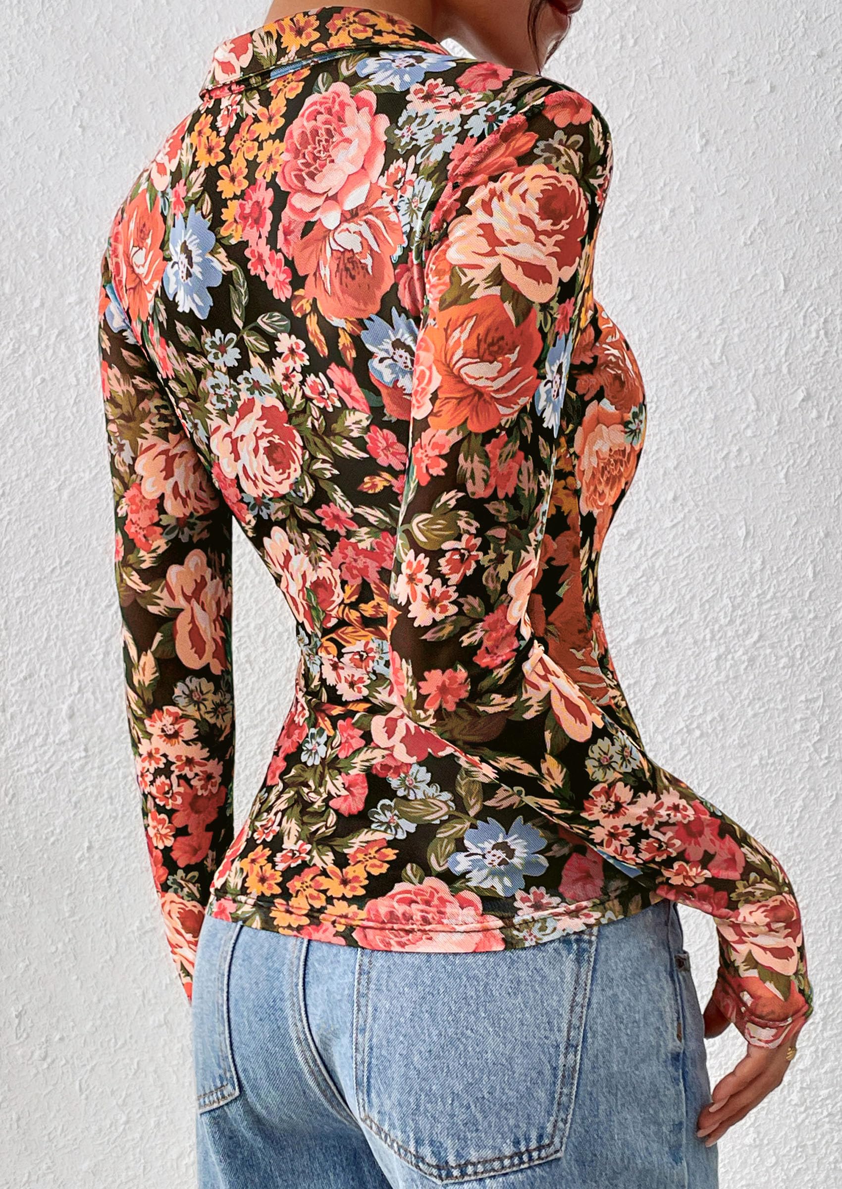 PRETTYGARDEN Women Button Down Floral Shirts 2026 Fall Trendy Long Sleeve V Neck Mesh Boho Blouse Spring Tops Date Outfits (Black Floral,Large)