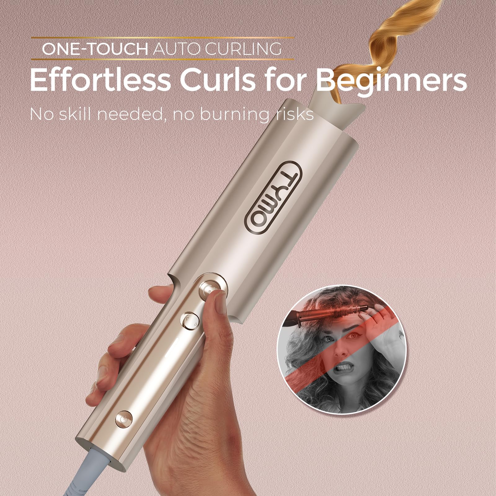 TYMO CurlPro Plus Automatic Rotating Curling Iron - Upgraded Long Barrel Curling Wand for Long Hair, Ceramic Hair Curler for Women, Anti-Scald, Tangle-Free, 600M Ionic, Dual Voltage, Gold, 1 Inch