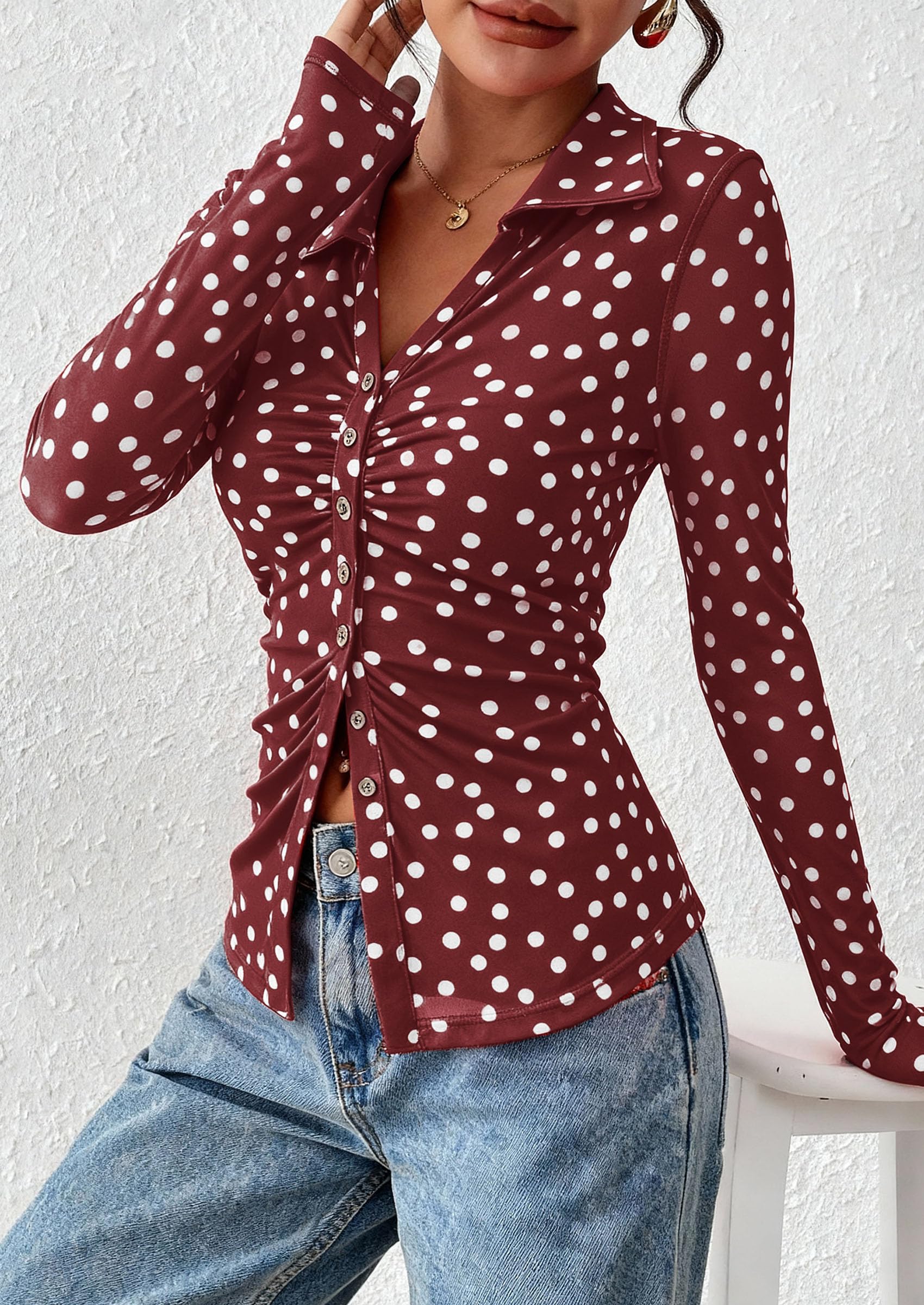 PRETTYGARDEN Women Button Down Floral Shirts 2026 Fall Trendy Long Sleeve V Neck Mesh Boho Blouse Spring Tops Date Outfits (01 Dot Burgundy White,Large)