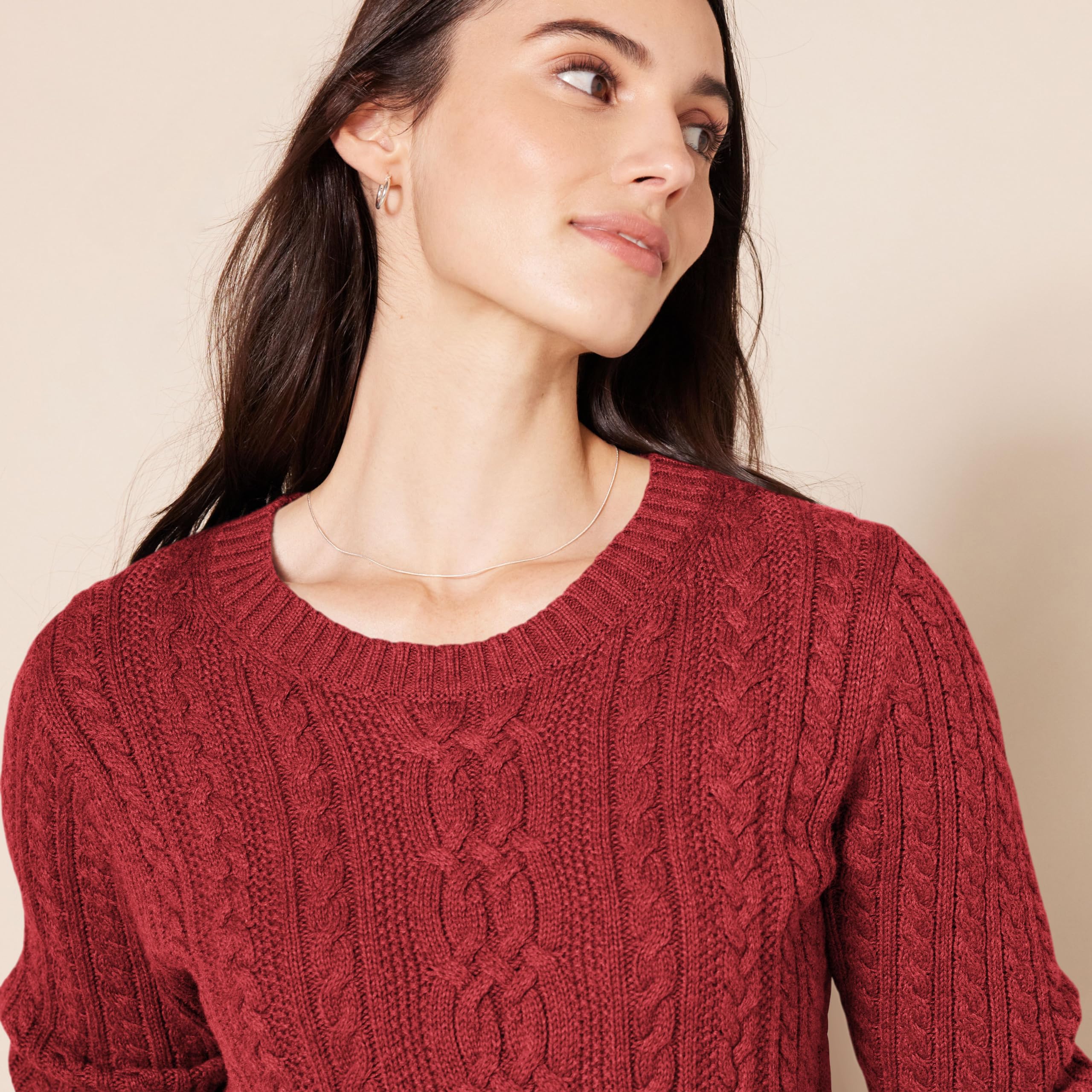 Amazon Essentials Women's Soft Fisherman Cable Knit Long-Sleeve Crewneck Sweater (Available in Plus Size), Dark Red, Large