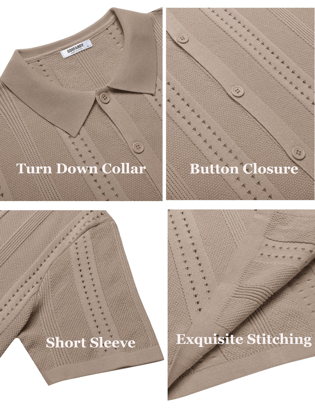COOFANDY Men's Knit Shirts Short Sleeve Button Down Polo Shirt Fashion Casual Summer Beach Shirts, Khaki, Medium