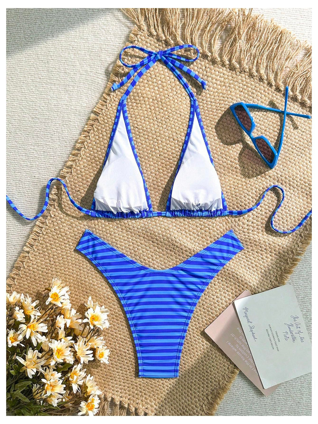 WDIRARA Women's Striped Bikini Sets Halter Thong Swimsuit 2 Piece Bathing Suit Blue Small