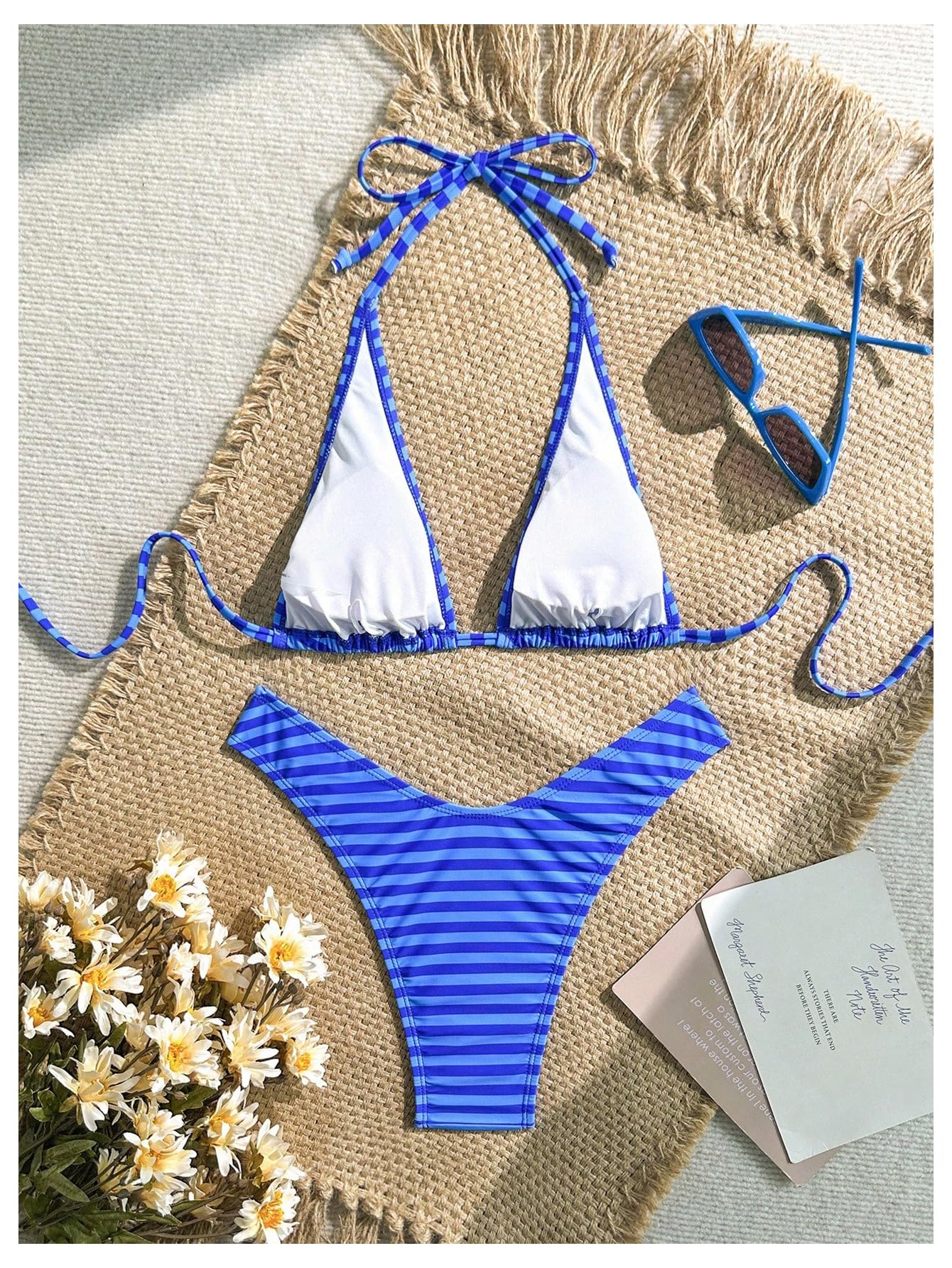 WDIRARA Women's Striped Bikini Sets Halter Thong Swimsuit 2 Piece Bathing Suit Blue Small
