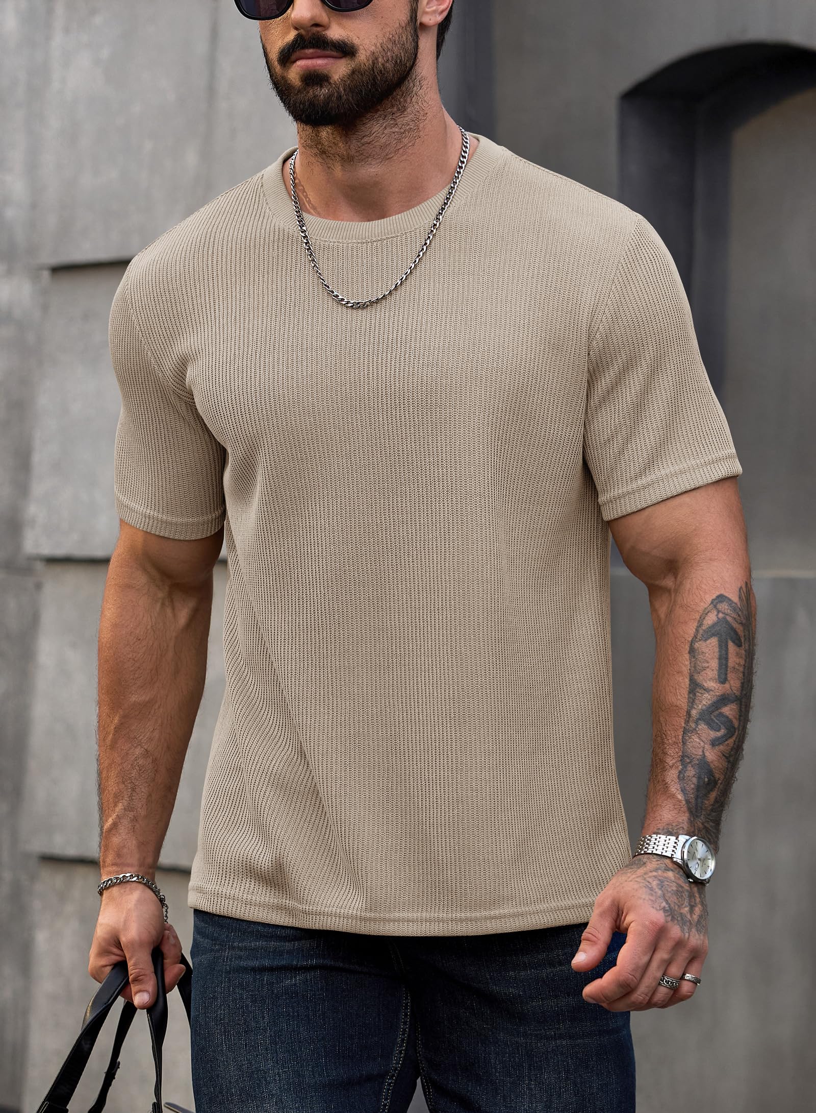 Herberton Men's New Casual Tee Urban Comfort Tshirts Short Sleeve Solid Classic Fresh Knit Summer Crew Neck Collarless Basic Resort Gentle Modern Tee-Shirts Khaki L