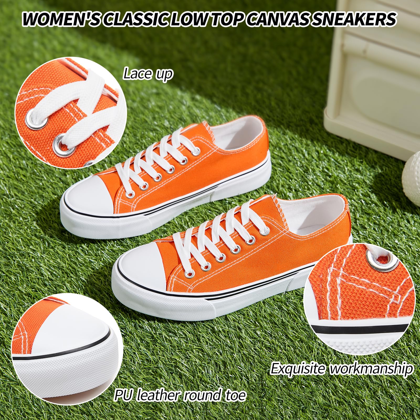 Adokoo Canvas Tennis Shoes for Women Low Top Casual White Black Sneakers for Women Lace Up Fashion Comfortable Walking Shoes (Orange,11)