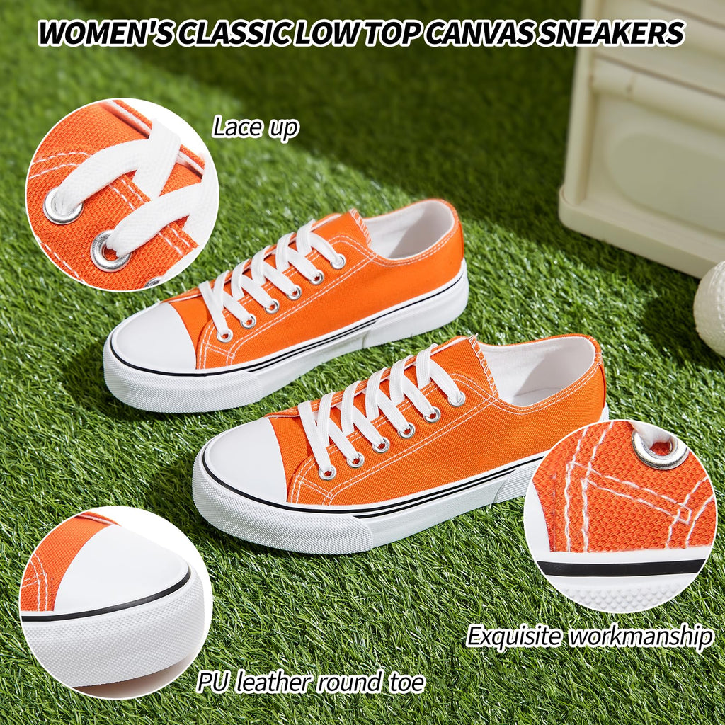 Adokoo Canvas Tennis Shoes for Women Low Top Casual White Black Sneakers for Women Lace Up Fashion Comfortable Walking Shoes (Orange,7.5)