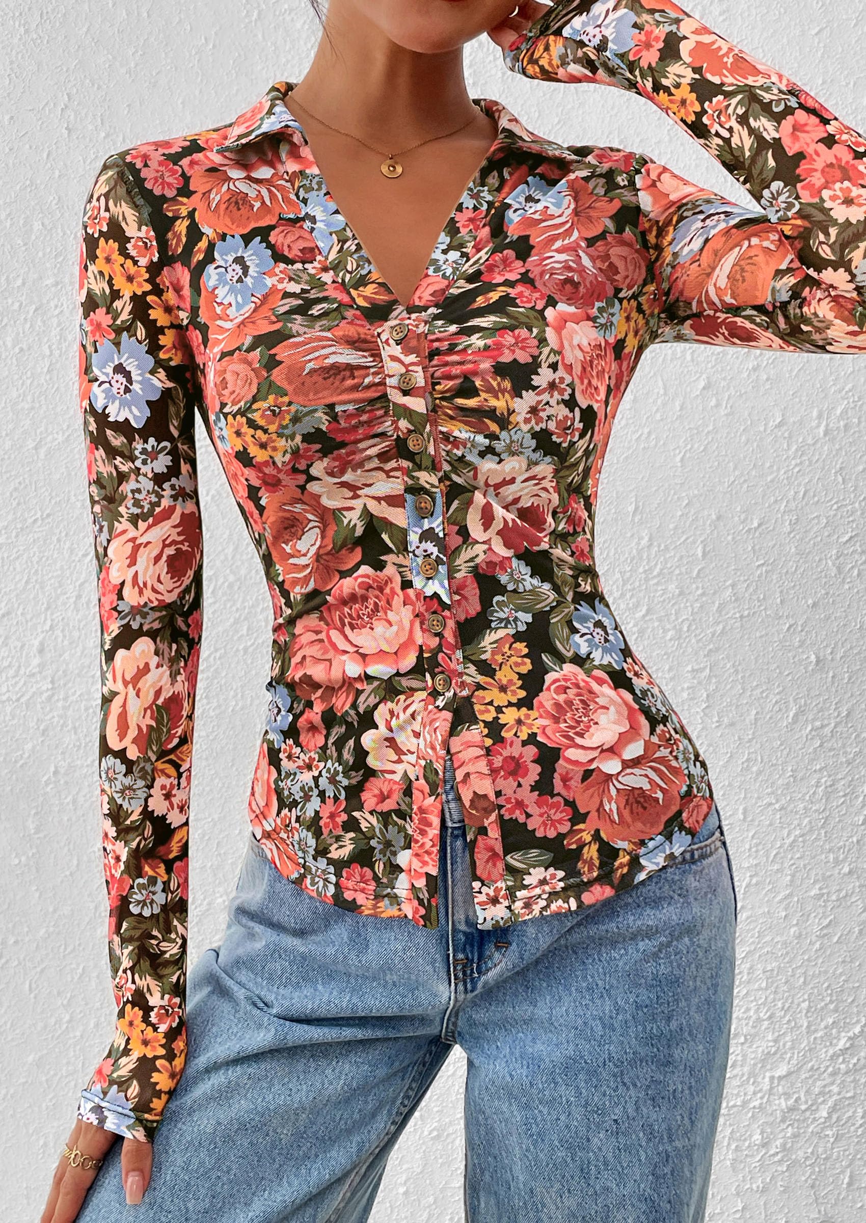 PRETTYGARDEN Women Button Down Floral Shirts 2026 Fall Trendy Long Sleeve V Neck Mesh Boho Blouse Spring Tops Date Outfits (Black Floral,Large)
