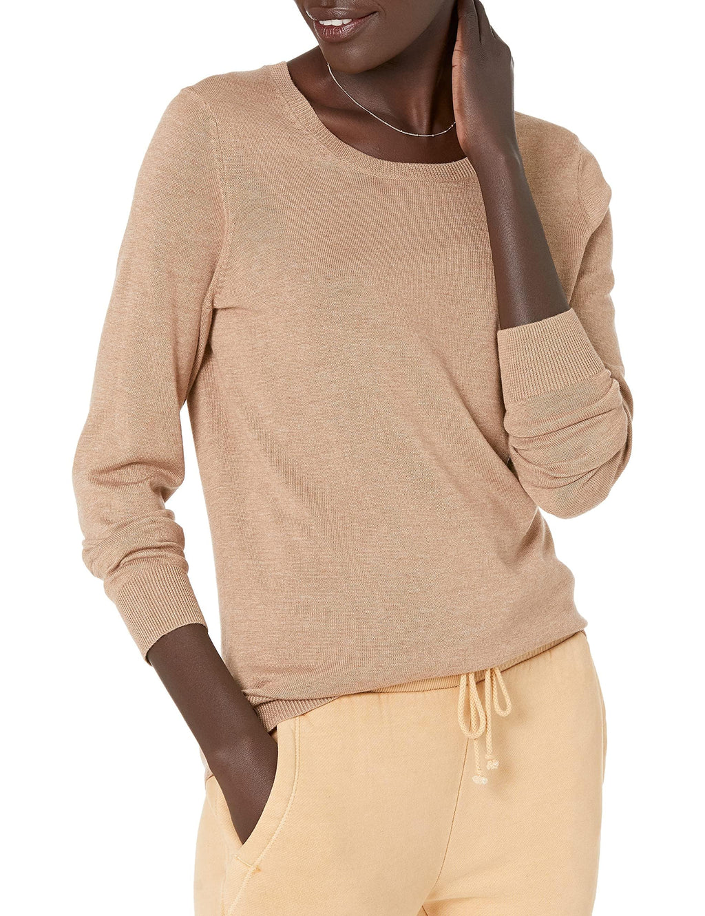 Amazon Essentials Women's Long-Sleeve Lightweight Crewneck Sweater (Available in Plus Size), Camel Heather, Medium