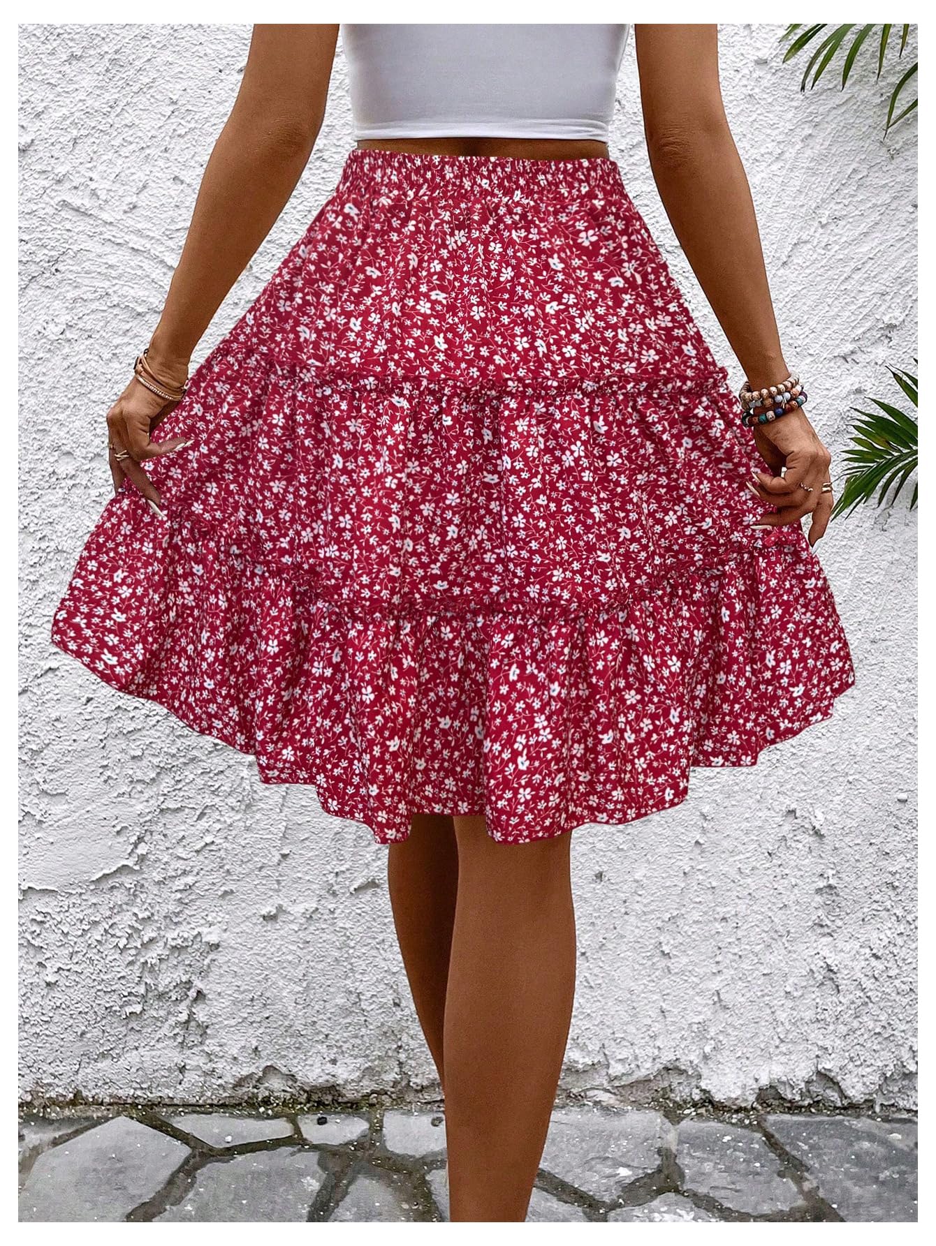 WDIRARA Women's Floral Print Ruffle Hem Elastic High Waist Tie Front Skirt Boho Red Large