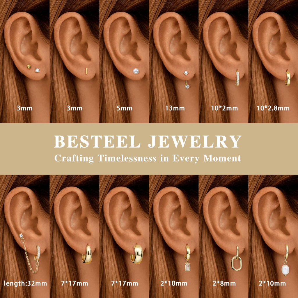 BESTEEL 13 Pairs Small Stud Hoop Earrings Set for Women Hypoallergenic 14K Gold Plated Dainty Huggie Hoops Lightweight Earrings for Gift