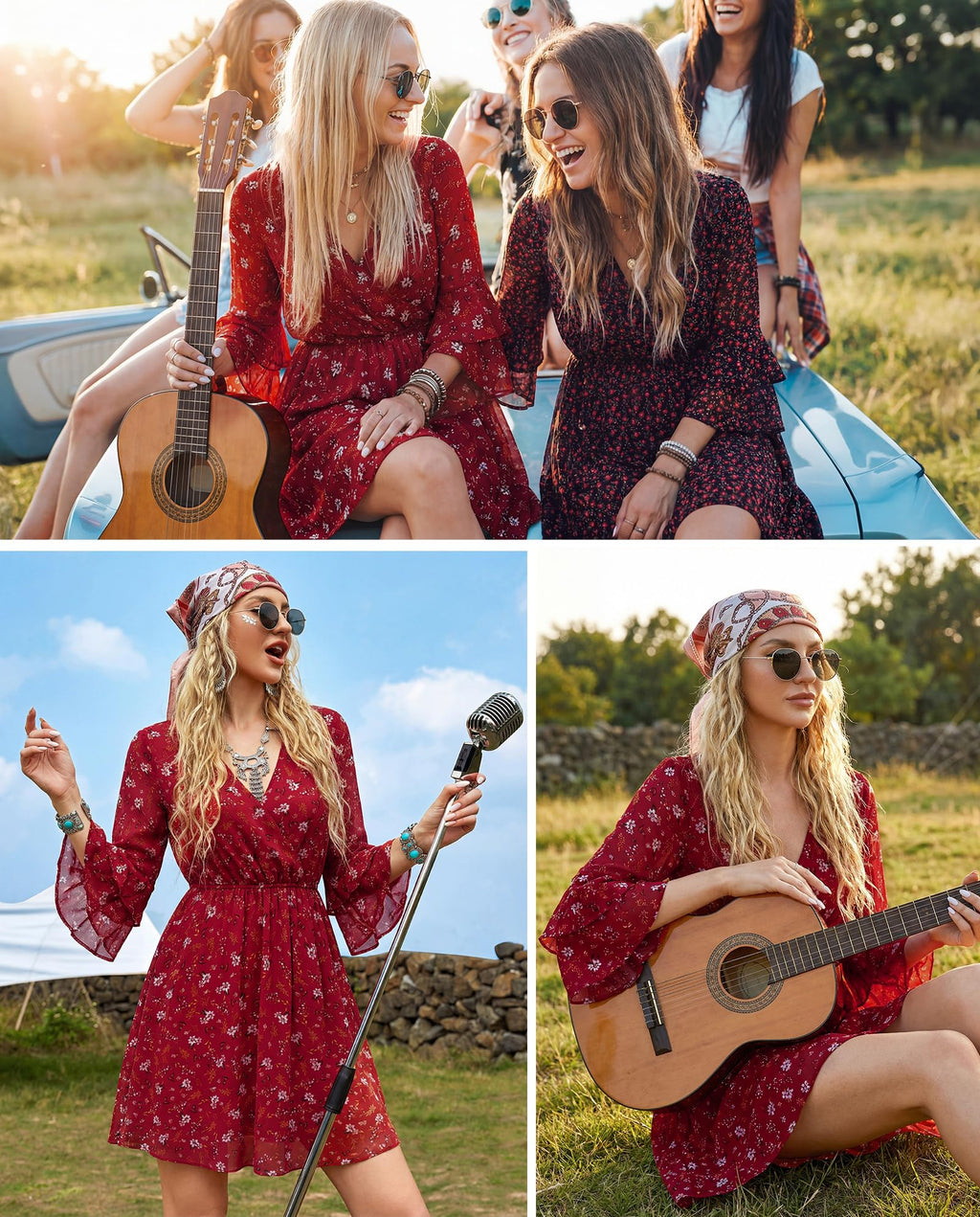 Bebonnie Dresses for Women 2026 Elegant Classy: Curvy Women 3/4 Ruffle Sleeve Spring Summer Wrinkle Free Flowy Boho Dress Chiffon Formal Beach Vacation Wedding Graduation Mini Dresses Multi Red XXL