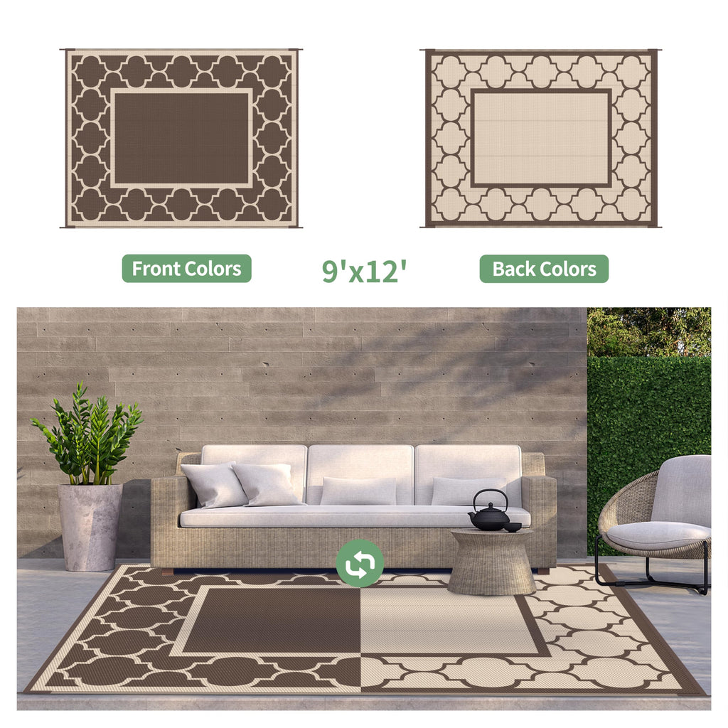 GENIMO 9' x 12' Outdoor Rug Waterproof for Patio Decor, Foldable Reversible Plastic Straw Area Rugs Mat for Camper, Outside Carpet for Rv, Deck, Porch, Picnic, Beach, Balcony, Coffee & Beige