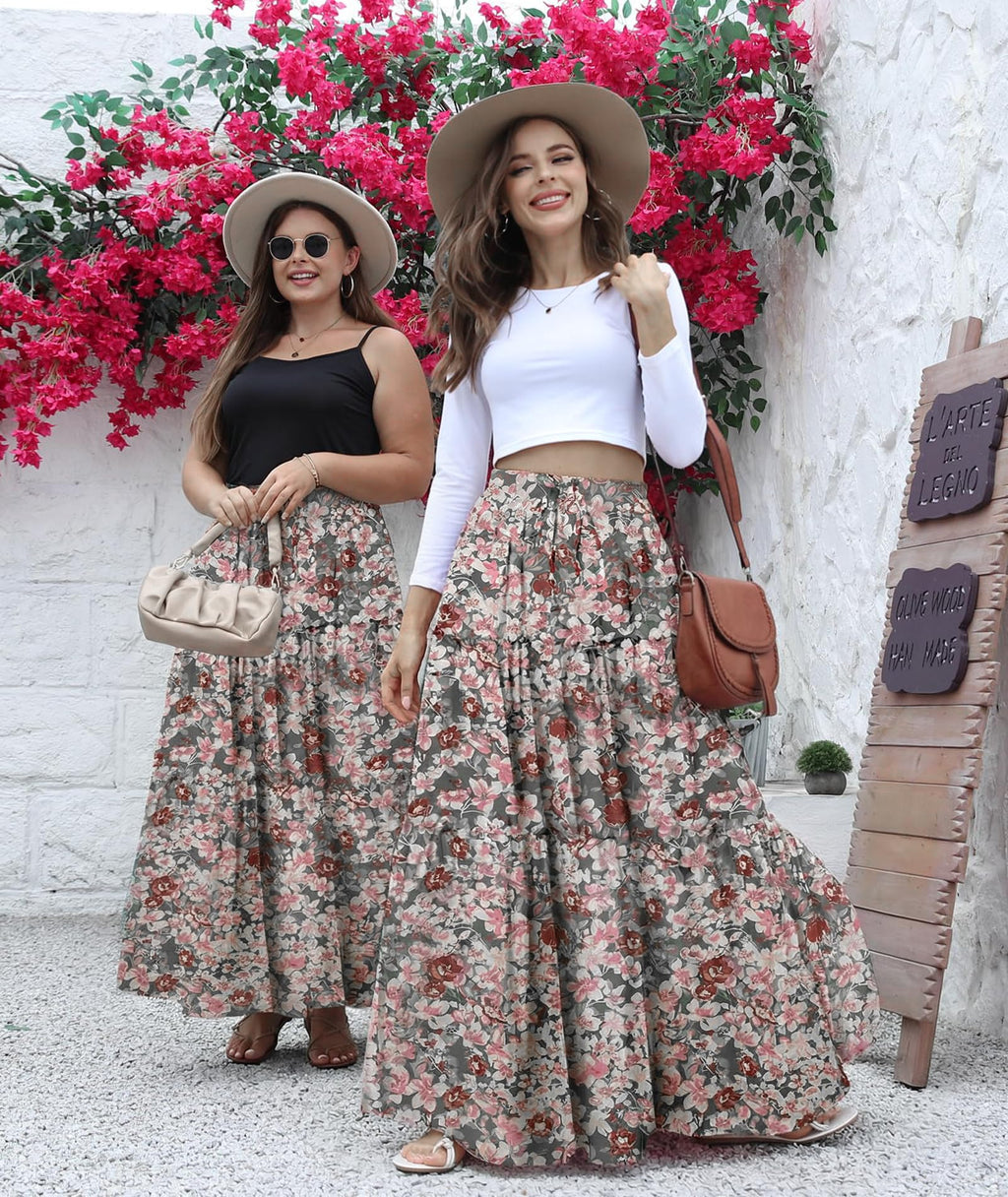 EARKOHA Trendy Lightweight Drawstring Tiered Ruffles Paisley Hippie Plus Size Bohemian Long Maxi Skirt with Deep Pockets for Office Music Festival Travel Picnic Dating Fall Outfits White Floral M