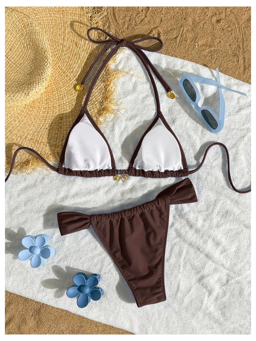 SOLY HUX Women's Halter String Bikini Sets High Cut Cheeky Thong Sexy Two Piece Swimsuits Bathing Suit Coffee Brown Small