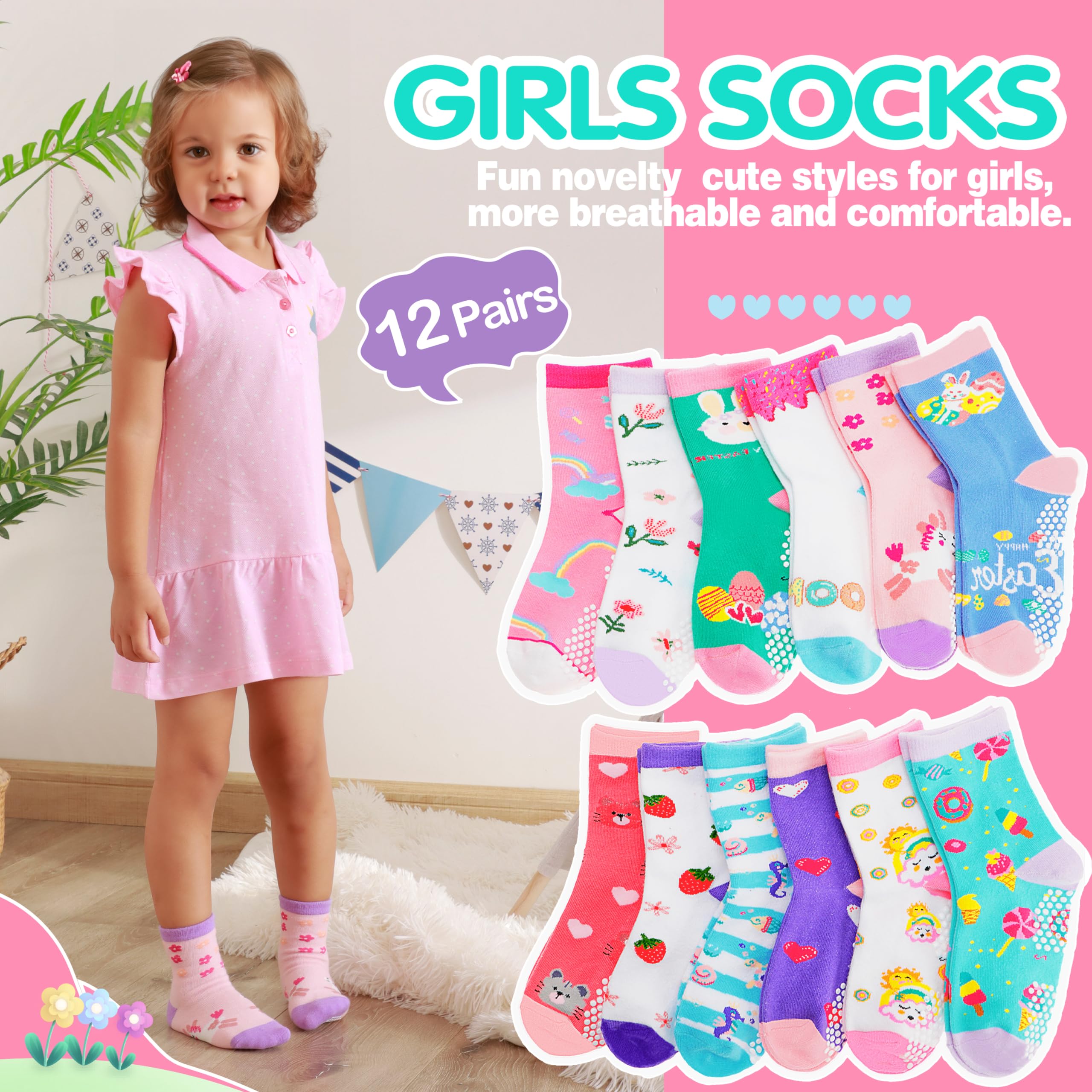 Welwoos Baby Girls Toddlers Grips Socks Kids Non Slip Anti Skid Funny Animal Cartoon Gift Cotton Socks with Grippers 12 Pairs Stocking Stuffers (Flower,5-8 Y)