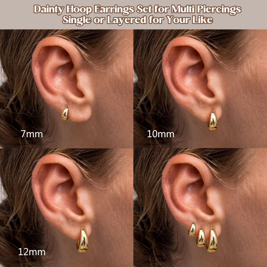3Pairs 14K Gold Plated Hoop Earrings Set for Women Chunky Earring Silver Plated Hypoallergenic Small Huggie Hoops Lightweight Tiny Thick Trendy Hoop Earrings Stacks for Multiple Piercing(14k gold plated)