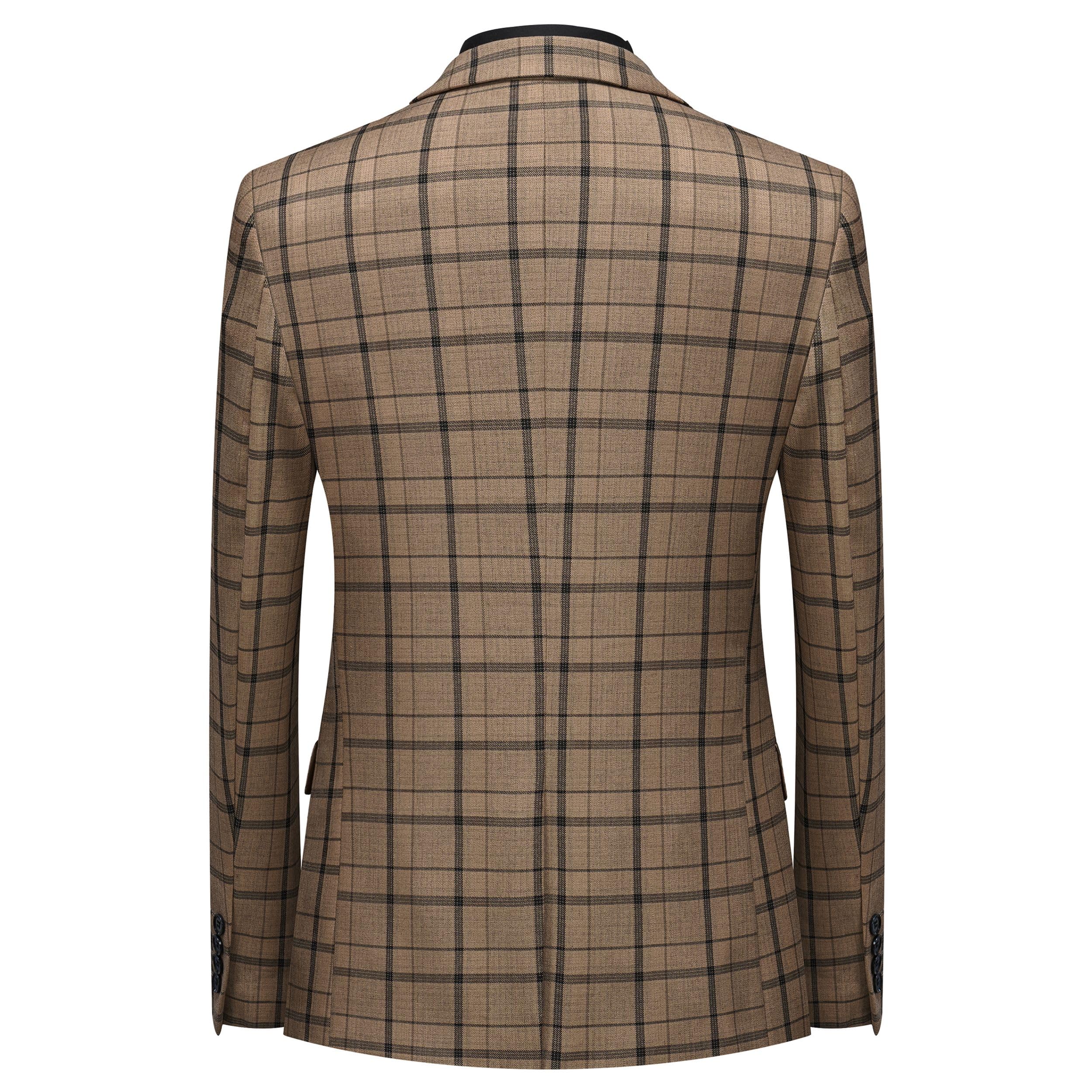 MOGU Suits for Men, 3-Piece Plaid Suit Set with Blazer, Vest and Pants for Wedding, Prom, Business (X-Large, Khaki)