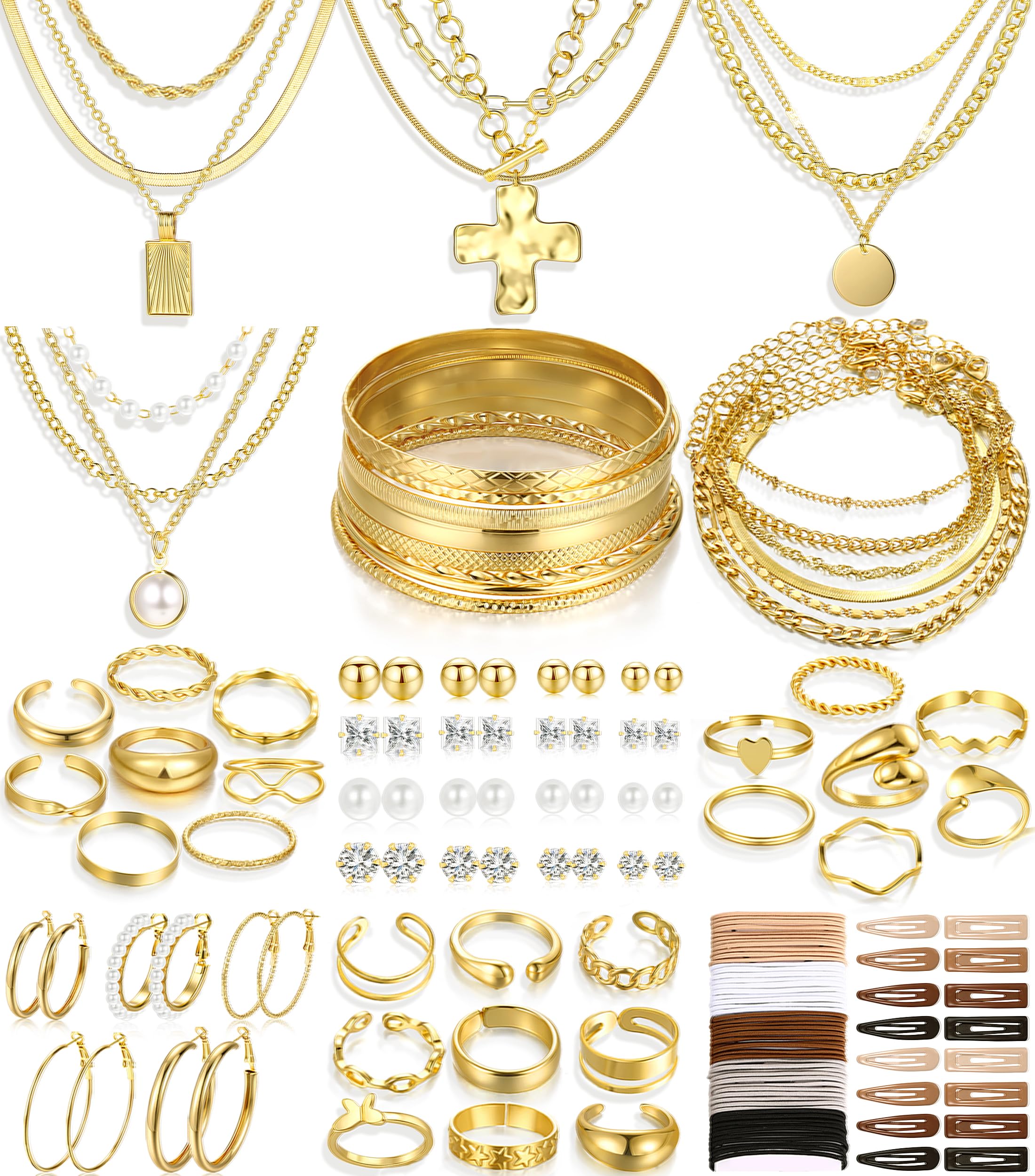 FANDY 137 Pieces Gold Jewelry Set for Women, 12 Necklace, 14 Bracelet, 21 Earrings, 24 Knuckle Rings, 66 Hair Accessory, Gold Jewelry for Women Gift