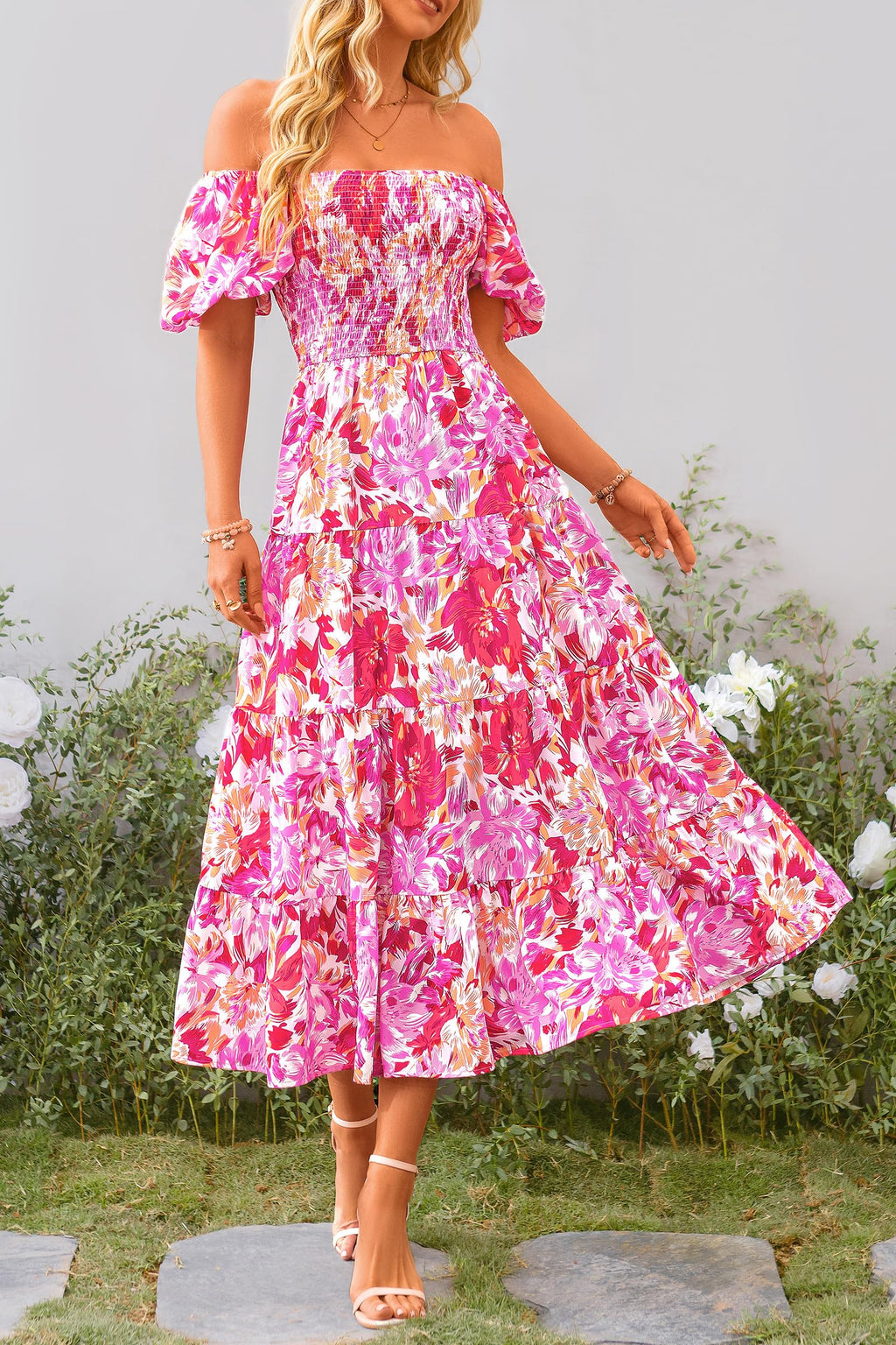 PRETTYGARDEN Women's Casual Summer Midi Dress Puffy Short Sleeve Square Neck Smocked Tiered Ruffle Dresses (Floral Rose Red,Large)