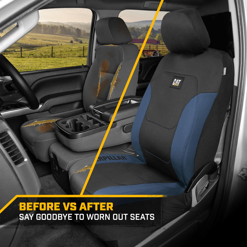 CAT Flexfit Black Blue Seat Covers for Cars, Trucks, & SUV - (2) Front Car Seat Cover Front Seat Protectors - Airbag Compatible Seat Covers for SUV Interior Covers & Truck Seat Cover Car Accessories