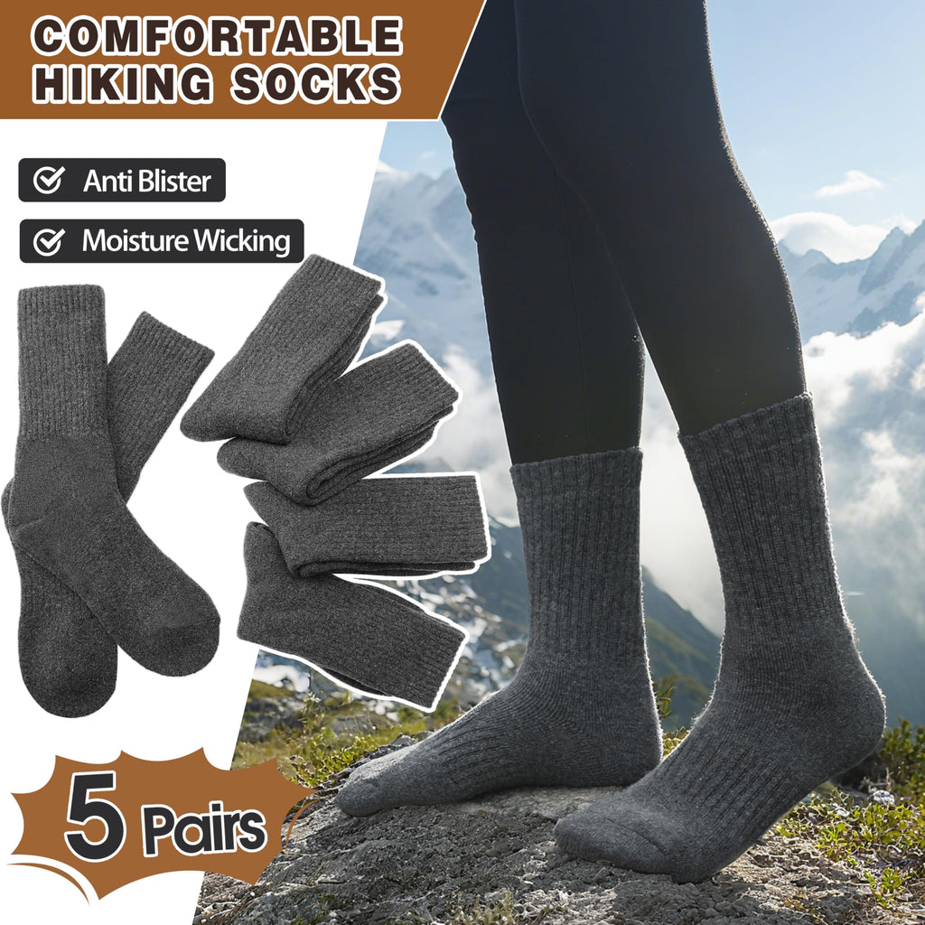 MOGGEI Womens Merino Wool Socks for Hiking Winter Warm Thick Thermal Crew Cozy Cabin Ladies Gift Comfy Boot Work Socks 5 Pairs(Dark Grey)
