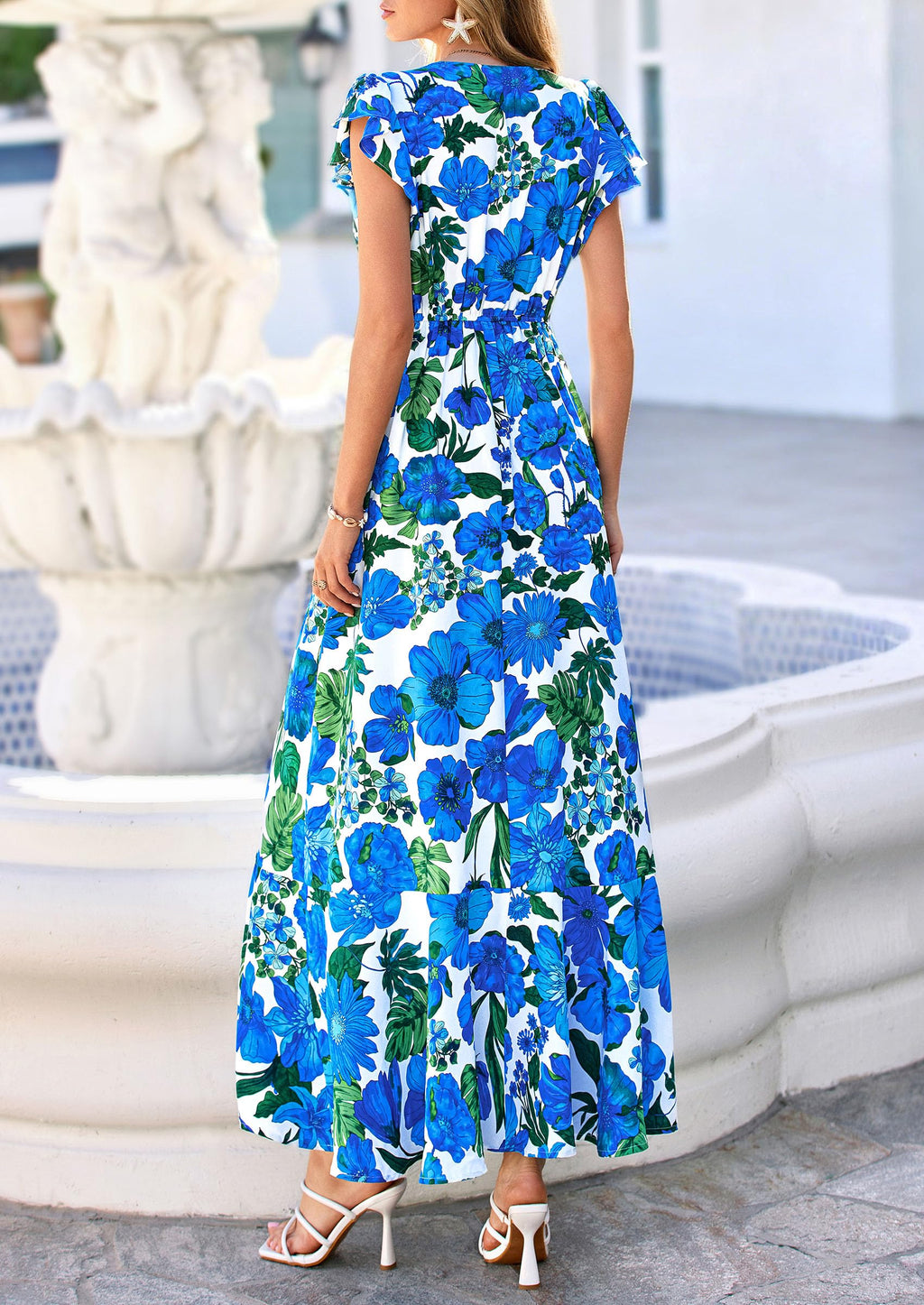 PRETTYGARDEN Spring Dresses for Women 2026 Summer Boho Floral Ruffle Short Sleeve Flowy Beach Wedding Guest Maxi Long Dress(Floral Blue,Large)