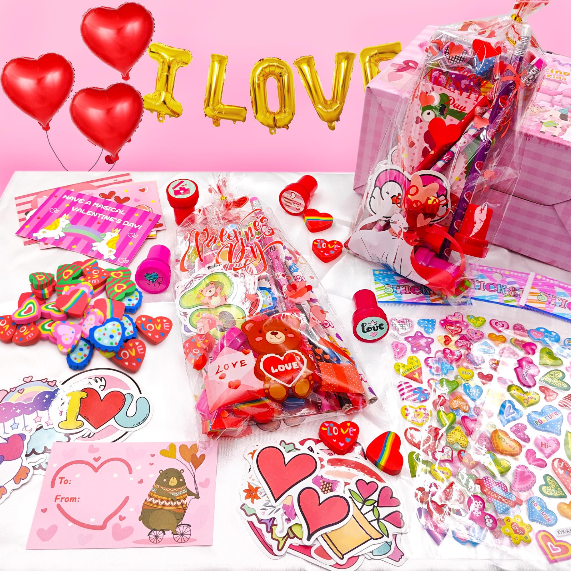 Phaorui 268pcs Valentines Day Gifts for Kids Classroom 28 Pack Valentines Goodie Bags Stuffers Valentine Card Gift for Kid Valentine Classroom Party Favors Prizes for Kids Girls