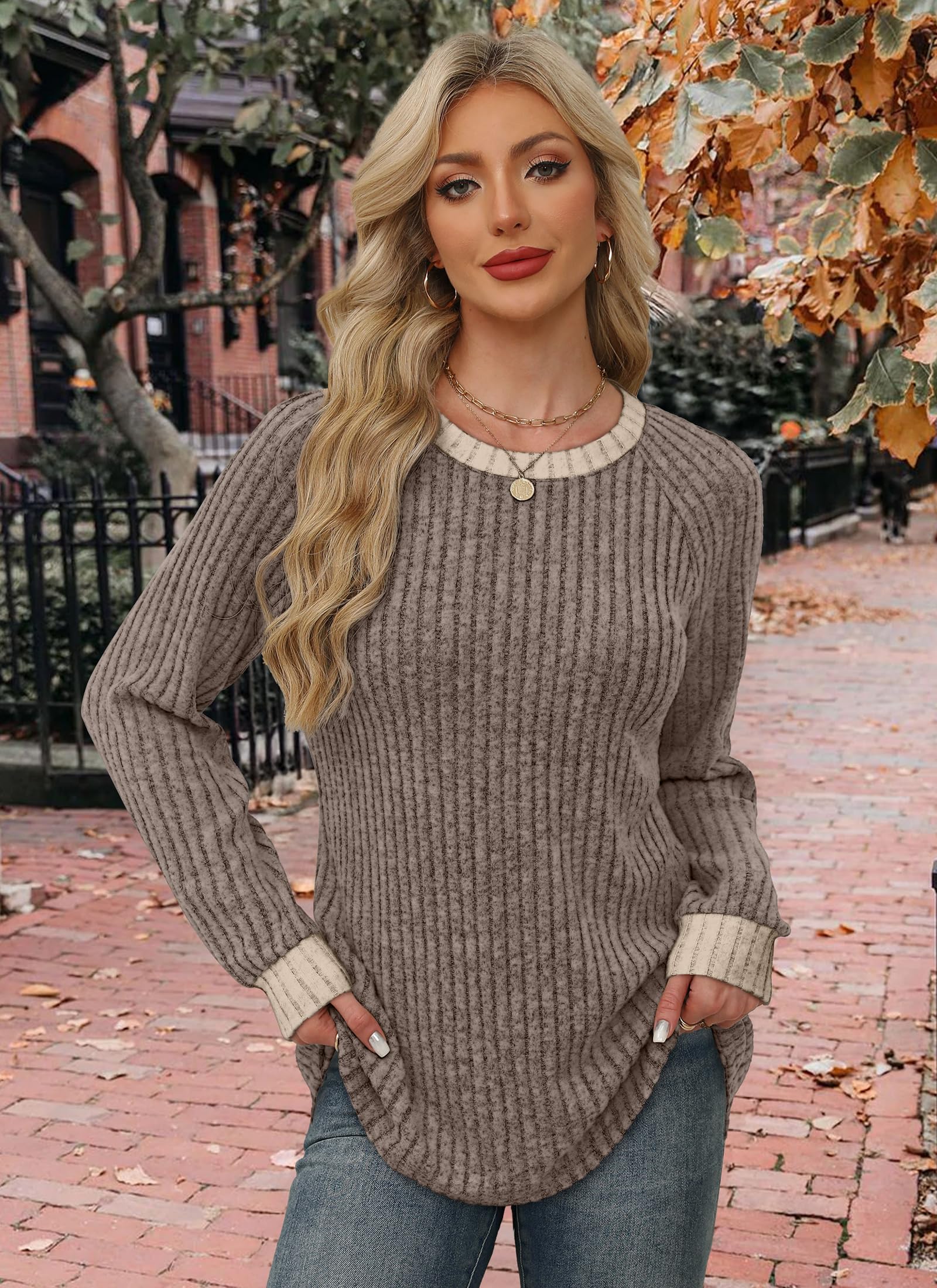 WIHOLL Sweaters for Women Long Sleeve Shirts for Women Casual Fall Fashion Must Haves 2026 Basic Cute Spring Tops Comfy Tunic Sweater Travel Teacher Outfits Work Chocolate Brown Fall Clothes Khaki